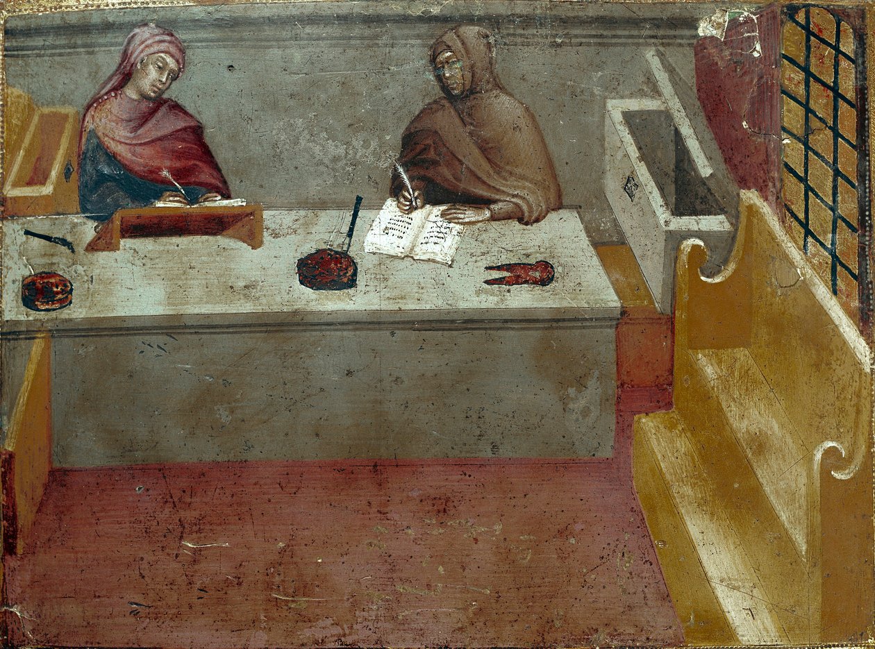 Representação de um camerlinguista, assistente de um copiador Anônimo sobre madeira de um Biccherna (capa do registro contábil da cidade de Siena) 1388. Siena Archivio di Stato, Itália de Italian School