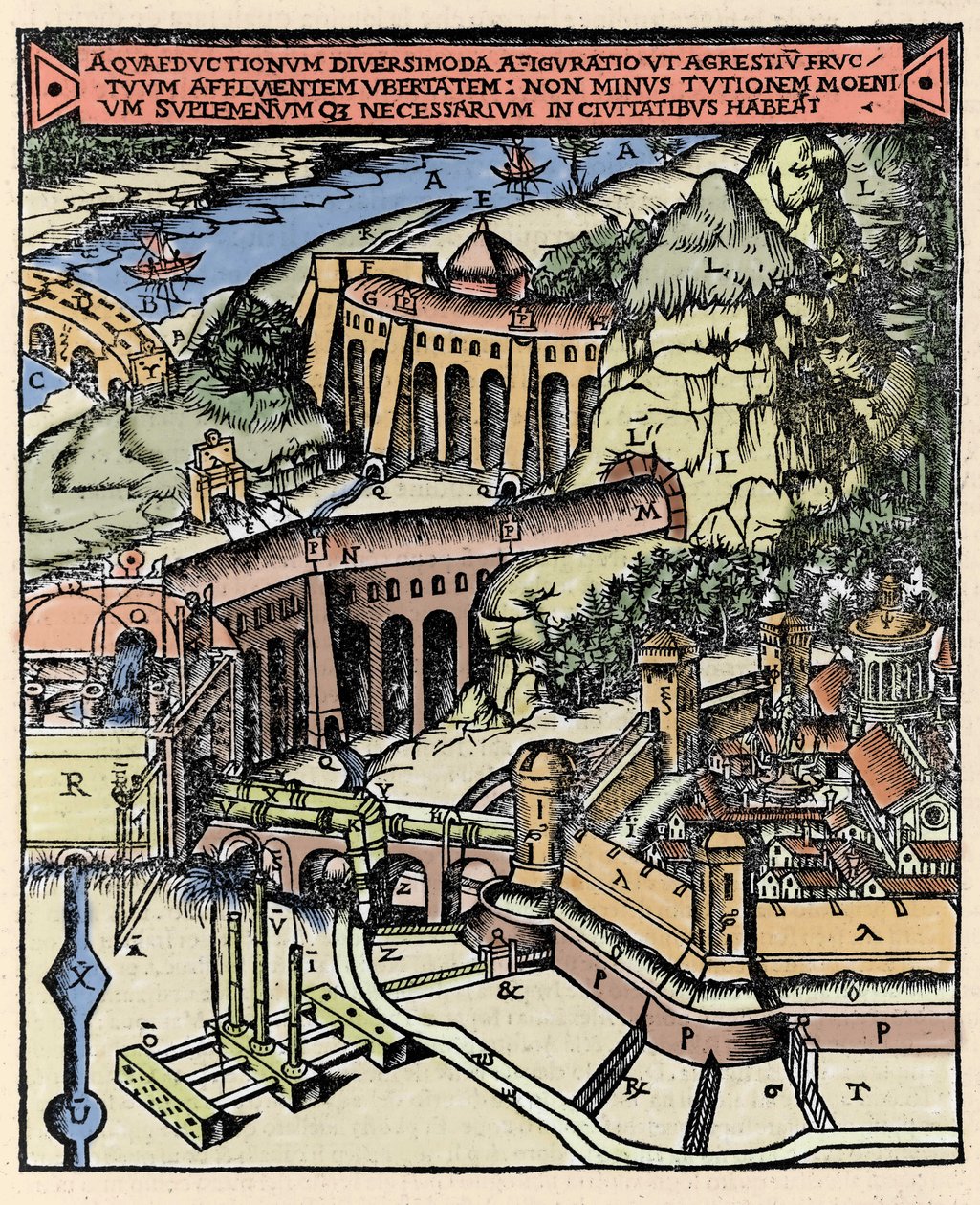 Representação de um aqueduto. Gravura colorida de "De Architectura" de Vitruva (século I a.C.) - Edição de Gottardo da Ponte, Venha de Italian School