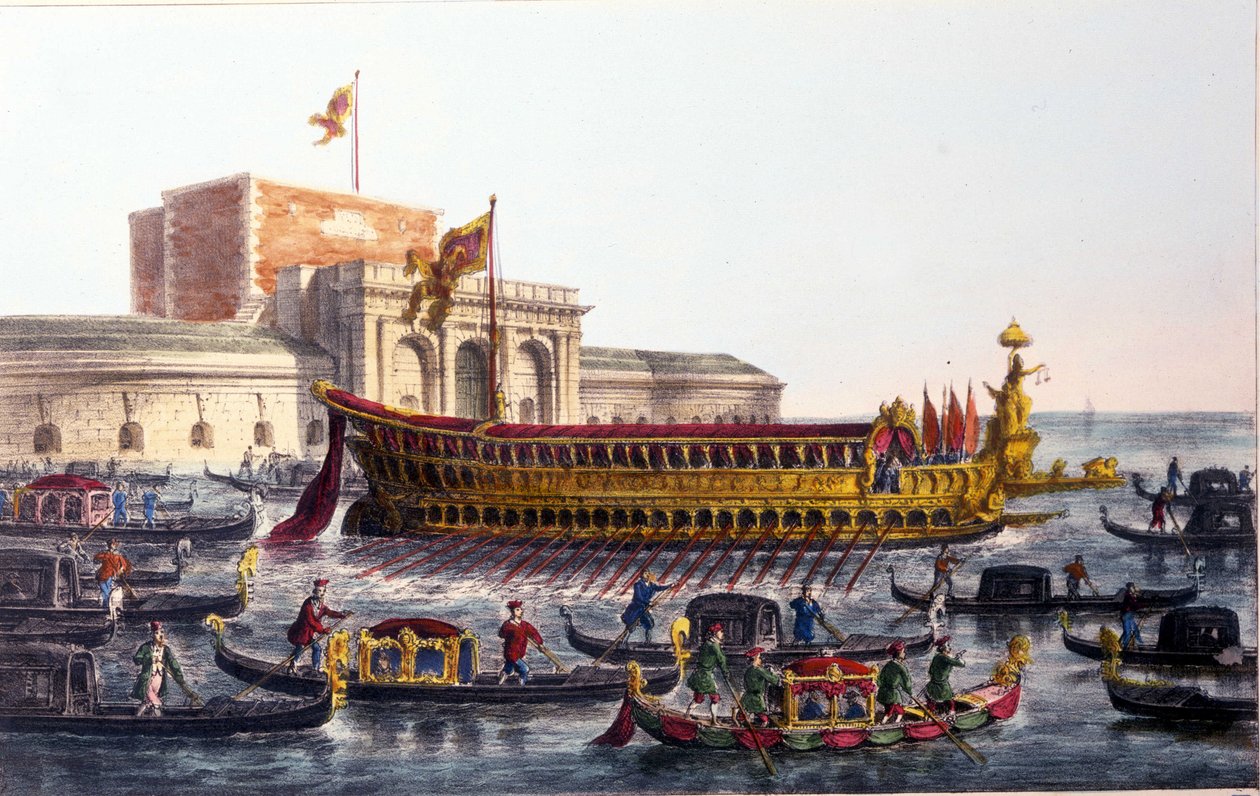 Representação do Bucentauro. (Bucentoro) No dia da Ascensão, o Doge cruzou a lagoa de Veneza para chegar à boca do mar aberto a bordo de um navio chamado Bucentauro. de Italian School