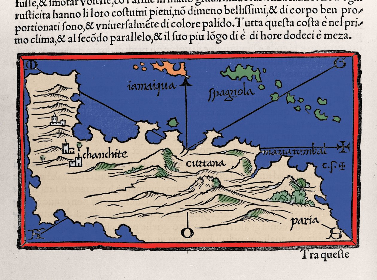 Representação das ilhas do Caribe e da costa da Venezuela. Isolario (mapa das ilhas) por Benedetto Bordone. Veneza 1547 de Italian School