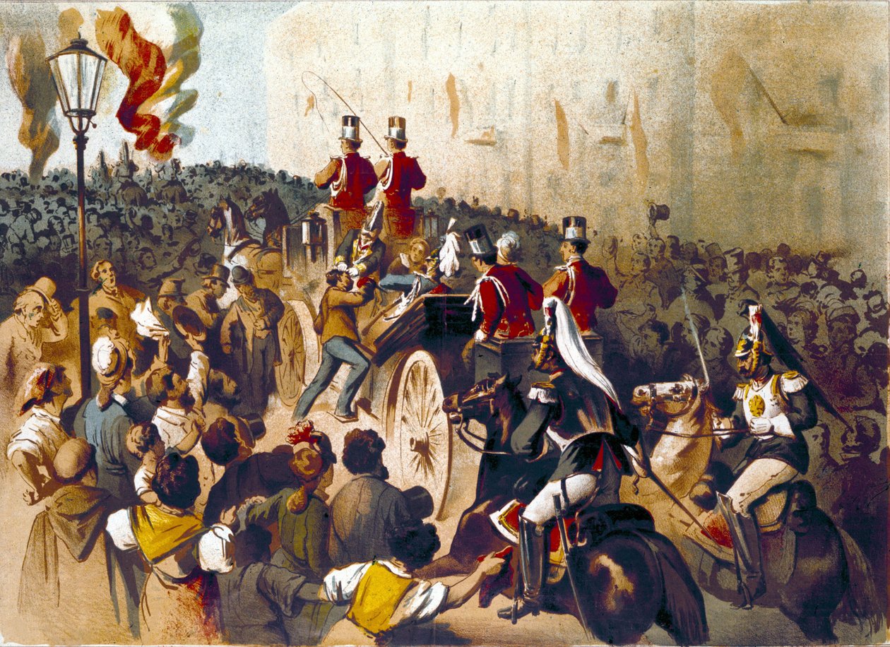 Representação do ataque de Giovanni Passannante (1849-1910) contra o rei italiano Umberto I (Humbert I), em 1878, em Nápoles. Este evento inspirou o poeta Giovanni Pascoli (1855-1912) em uma Ode. Gravura do século XIX de Italian School