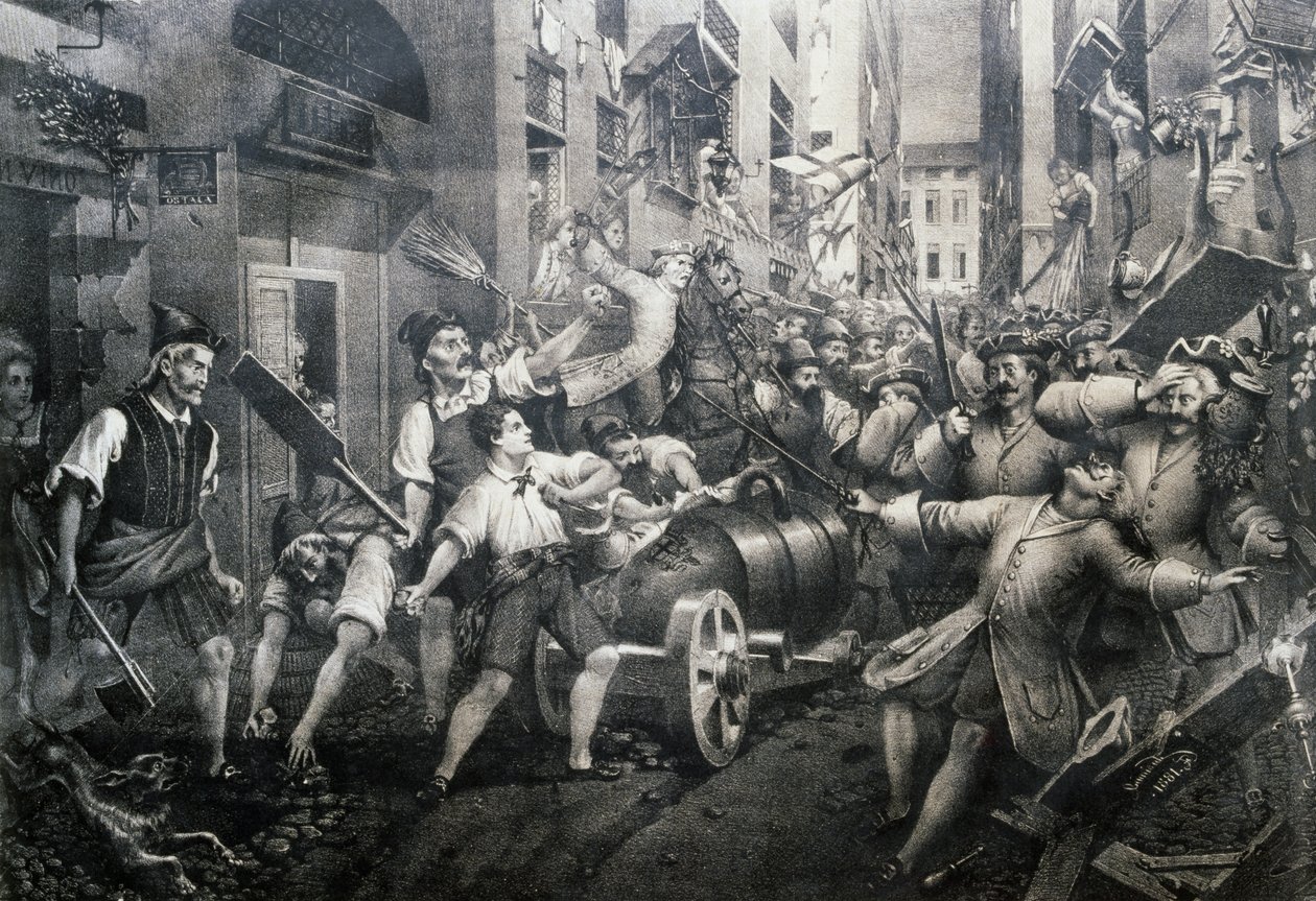 Revolta no distrito de Portoria em Génova contra os austríacos em 1746, liderada por Giovan Battista Perasso (1735-1781) conhecido como Balilla de Italian School