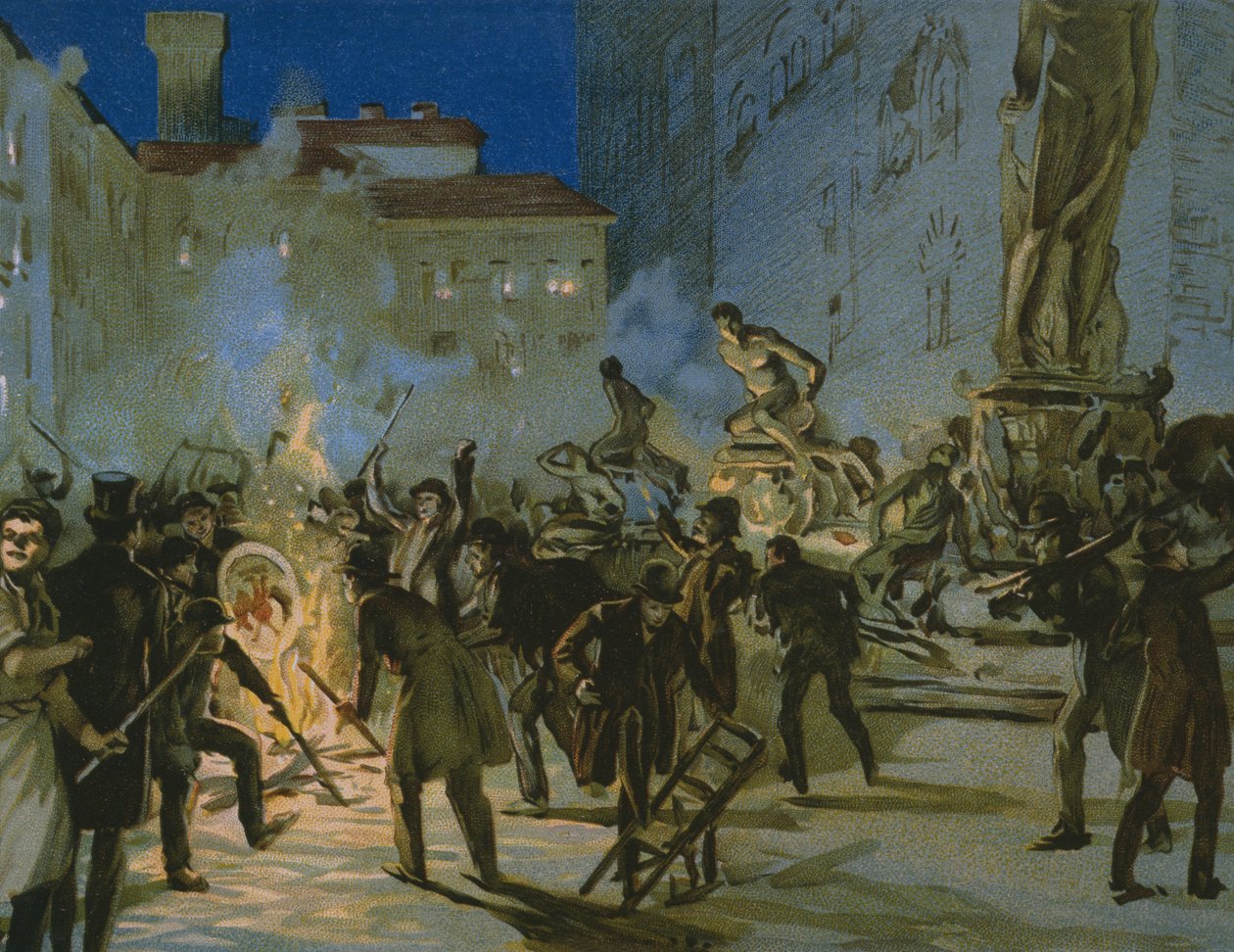Revolução em Florença, 27 de abril de 1859, ilustração de um álbum sobre a história do Risorgimento feito para o chocolate Talmone, final do século XIX de Italian School