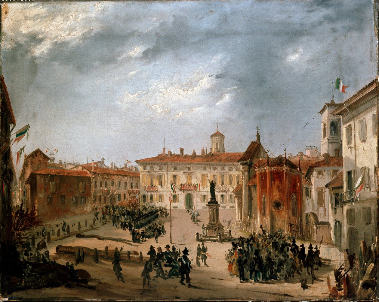 Revoluções de 1848, Cinco Dias de Milão: Prisioneiros austríacos na praça Borromeo no dia 20 de março (pintura de Italian School