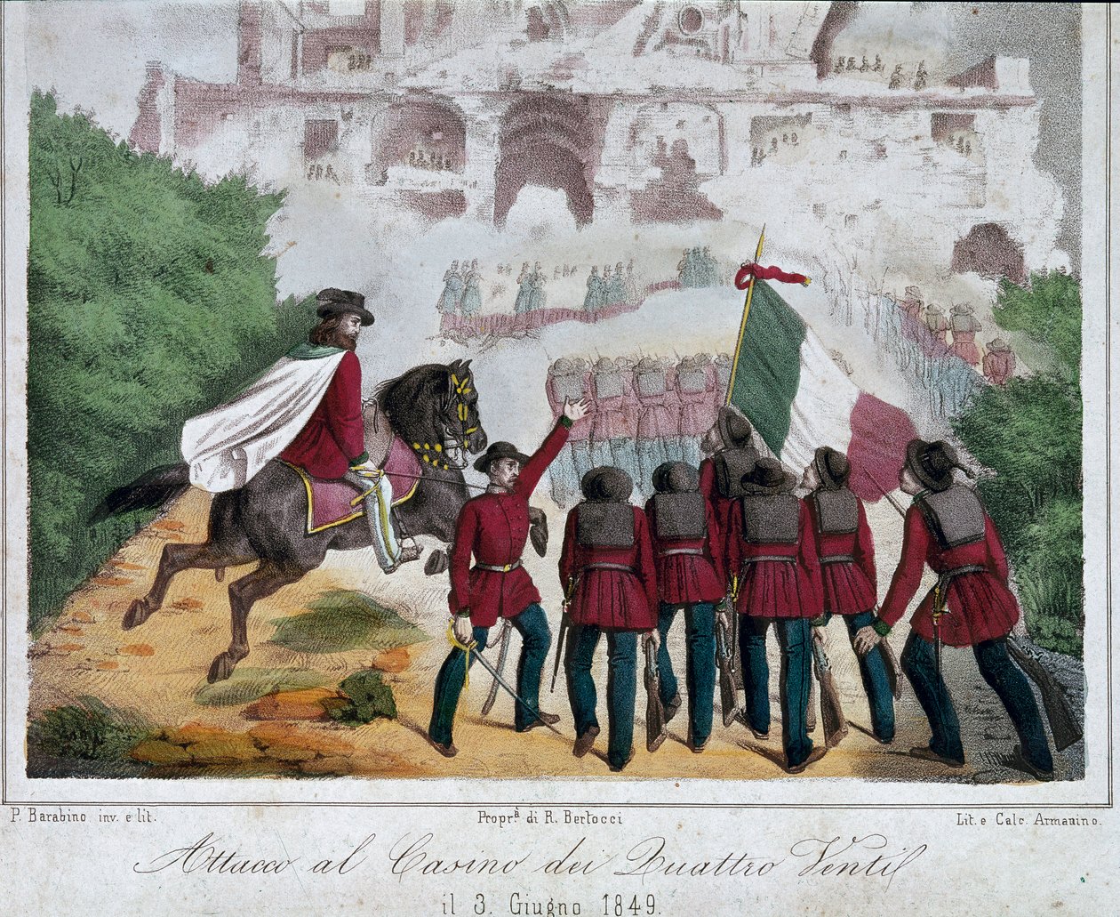 Risorgimento, República Romana (Repubblica romana): os soldados do exército de Giuseppe Garibaldi, a cavalo, tentam reconquistar a vila do Quattro Venti em Roma no dia 06/03/1849. Litografia Roma Museo Nazionale del Risorgimento de Italian School