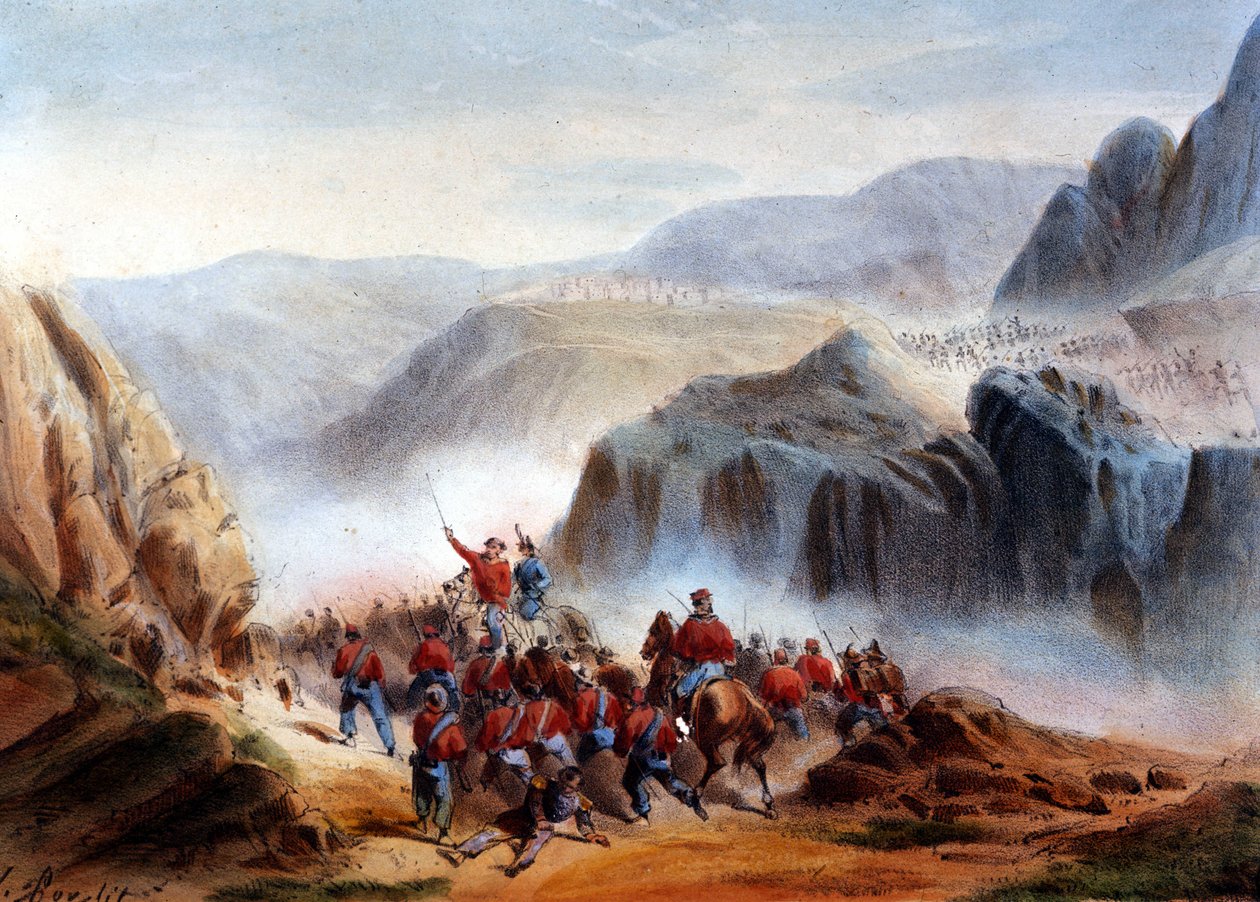 Risorgimento: a Batalha de Calatafimi na Sicília entre as tropas de Giuseppe Garibaldi (1807-1882), os Mil e a Armee do Reino das Duas Sicilias de Italian School