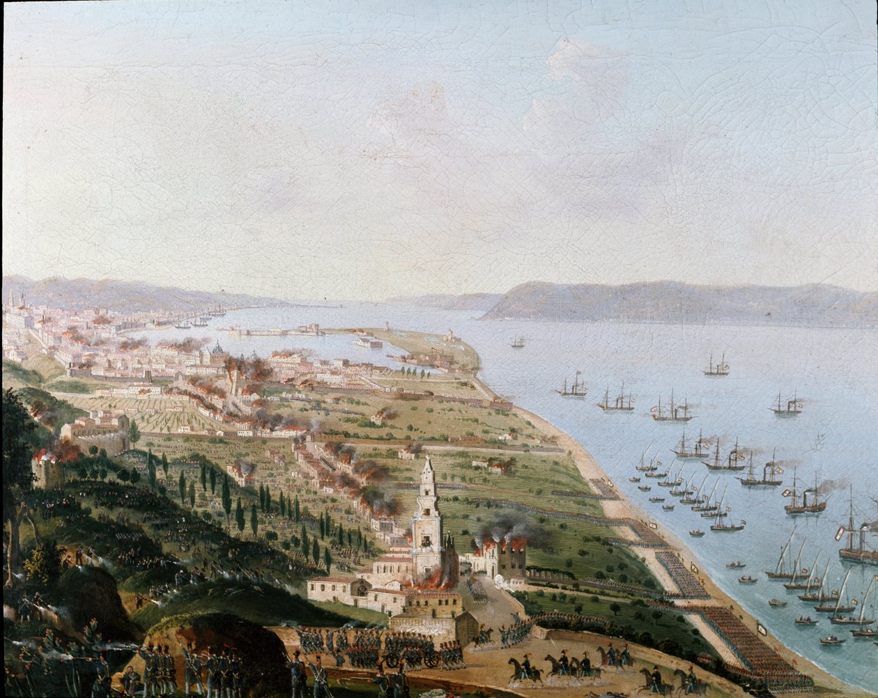 Risorgimento: as armees burbónicas de Ferdinando II delle Due Sicilie (Ferdinando II das Duas Sicílias) em Messina (Sicília) em Agosto de 1848 para recuperar a Sicília após as insurreições. Pintura anônima. Museo Nazionale di San Martino Nápoles de Italian School