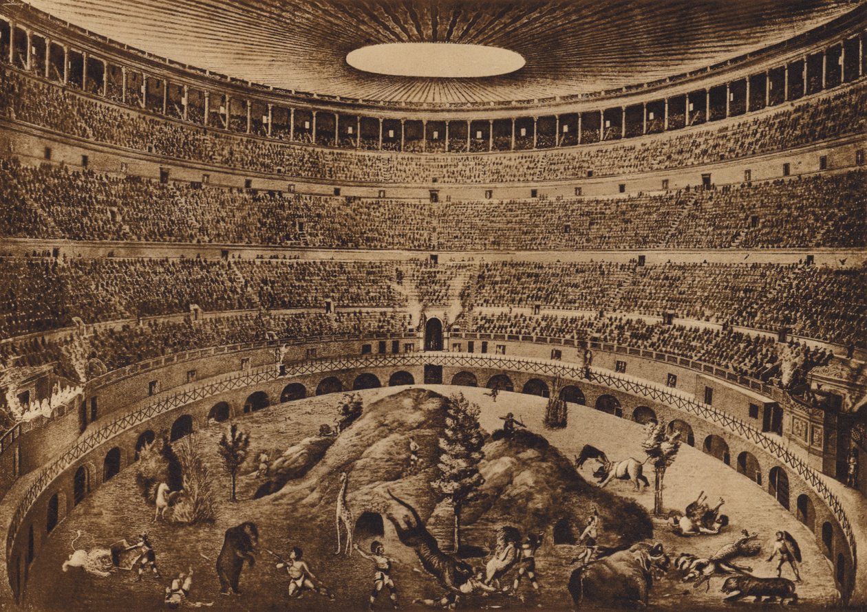 Roma / Roma: Interior do Coliseu, A Caça às Feiras, reconstrução histórica (litografia) de Italian School