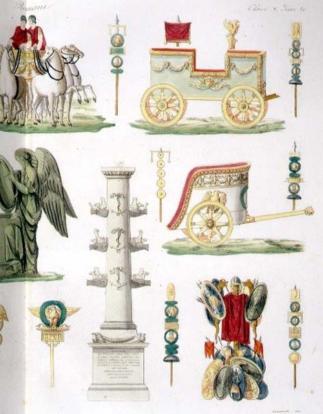 Carruagens Romanas, Troféus e Monumentos Militares, detalhe da placa 20, classe 5 da Parte I de "A História das Nações", gravada por Marco Comirato (c.1800-69) (aquatint) (ver também 93290) de Italian School