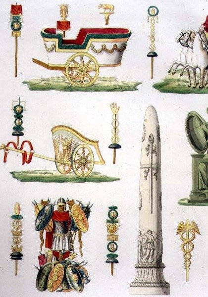 Carruagens Romanas, Troféus e Monumentos Militares, detalhe da placa 20, classe 5 da Parte I de "A História das Nações", gravada por Marco Comirato (c.1800-69) (aquatint) (ver também 93291) de Italian School