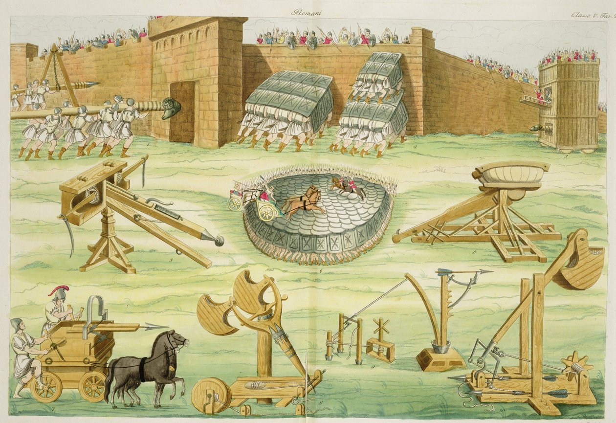 Soldados romanos cercam uma cidade, placa 23B, classe 5 da parte I da história das Nações, gravada por A. Nani (aquatint) de Italian School
