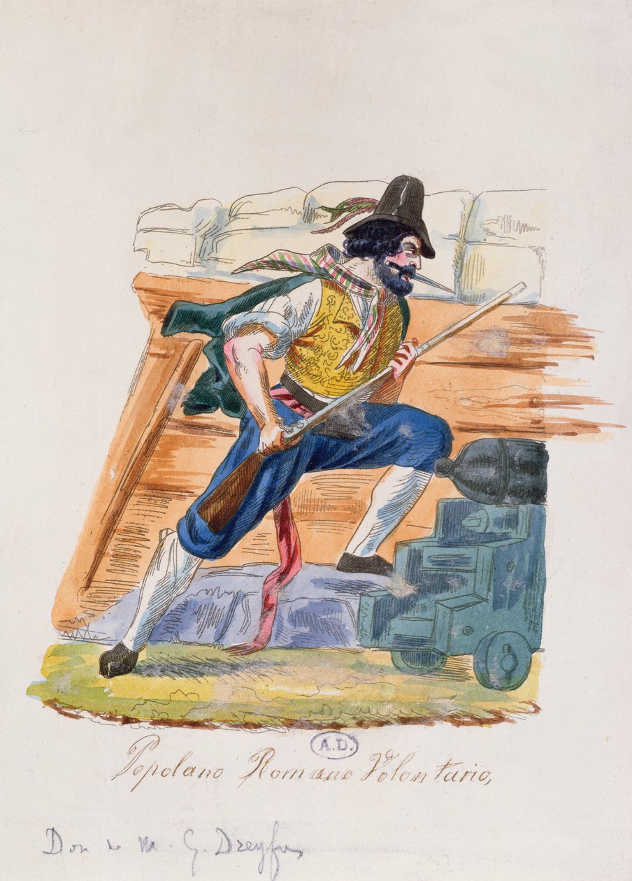Voluntário popular romano da insurreição de 1848 em Roma (gravura a cores) de Italian School