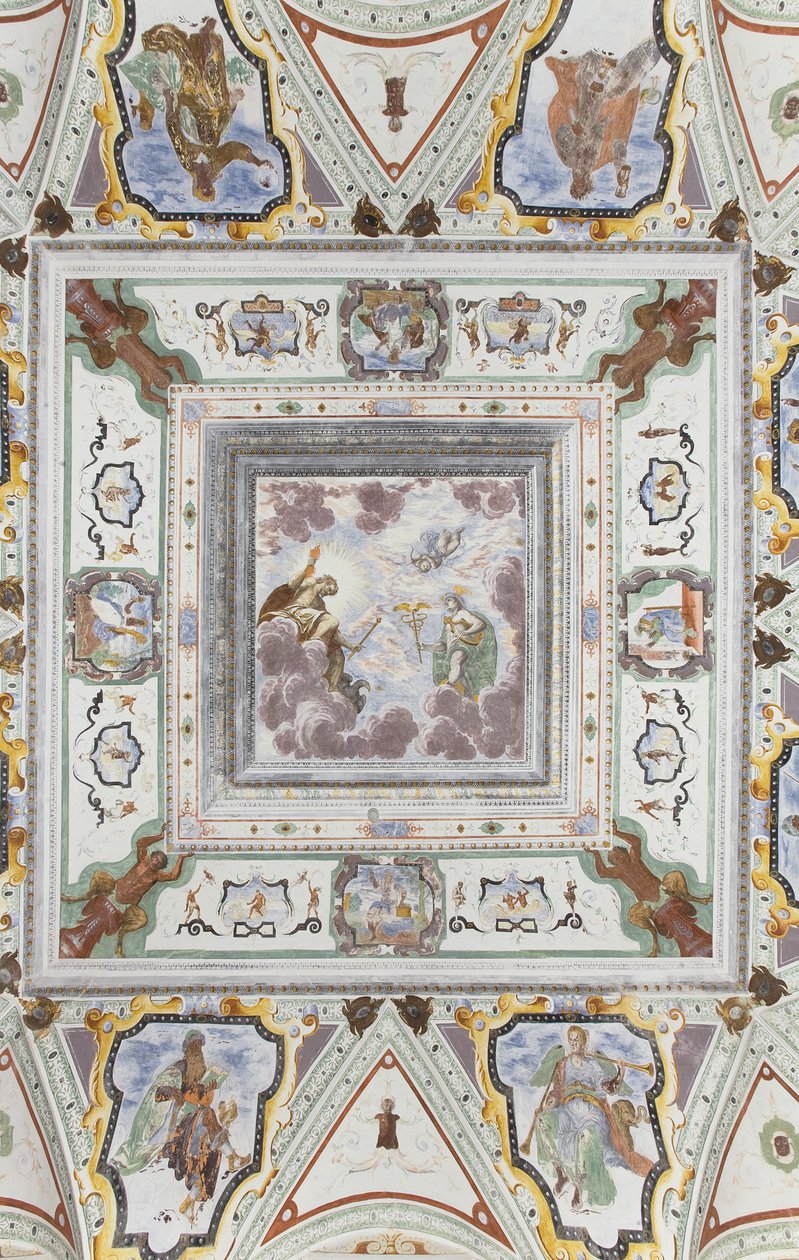 Sala de Júpiter e Mercúrio: Júpiter, Mercúrio e Cupido, rodeado pelas quatro estações de Italian School