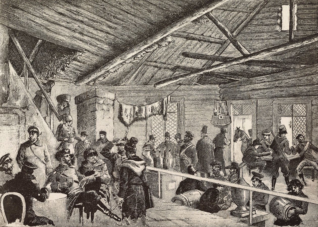 Soldados russos em taverna perto das fortificações de Varsóvia, Polónia, gravura a partir de esboço de Fritzmann, de L