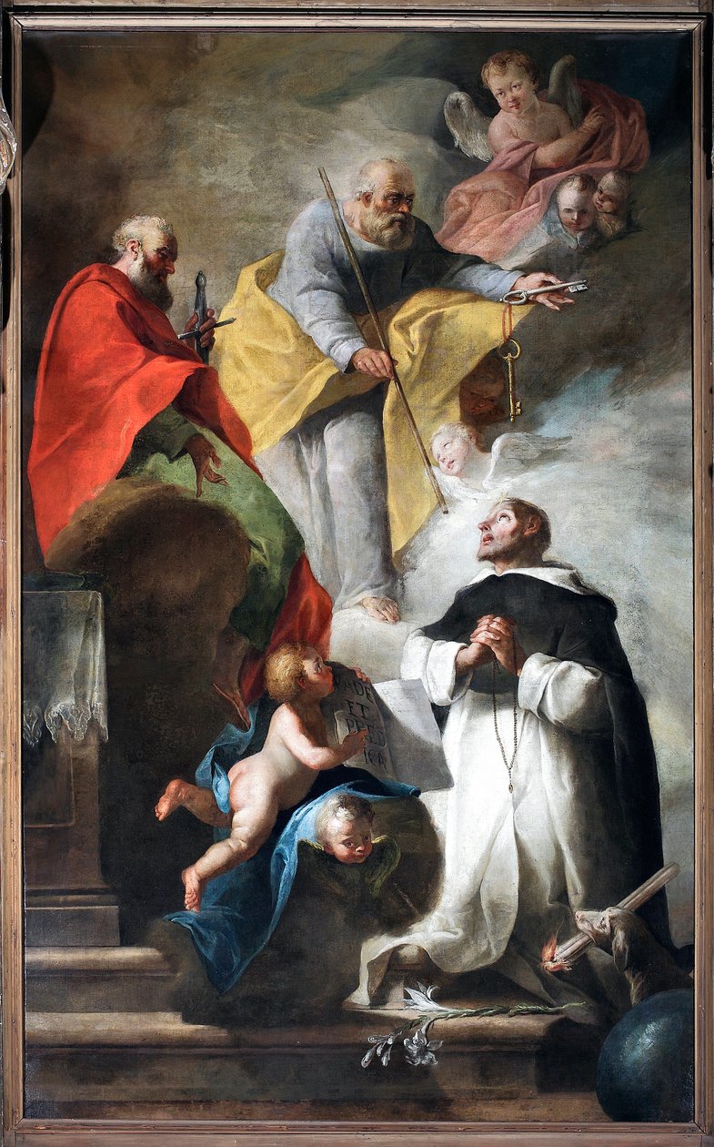 São Domingos recebe a bengala de pelerin e o livro onde está escrito "Vade et predica" das mãos dos santos Pedro e Paulo" Pintura da escola veneziana do século XVIII (São Domingos recebe a bengala e o livro com o i de Italian School