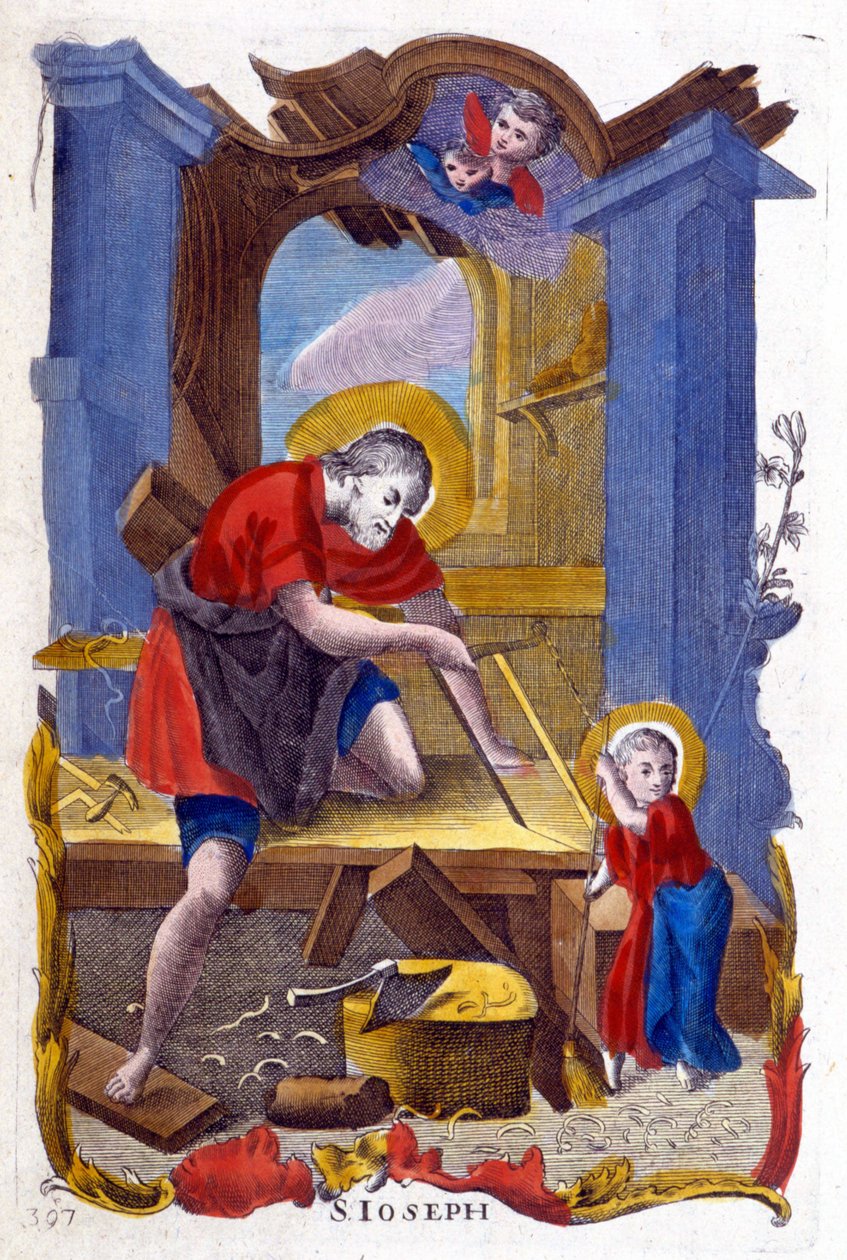 São José como carpinteiro e Jesus, imagem italiana de Italian School