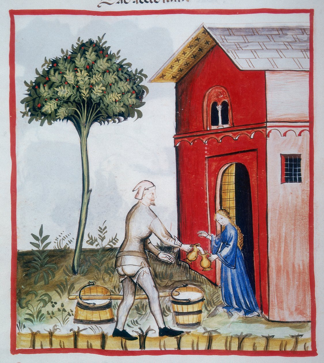 Venda de leite azedo (c.59v), Tacuinum saudável, Codex 2644 Série Nova de Italian School