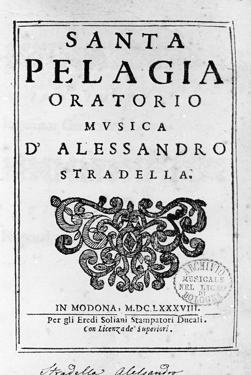 Santa Pelagia, frontispício da partitura do oratório de Alessandro Stradella (1644 - 1682) compositor italiano. Modena 1688. de Italian School