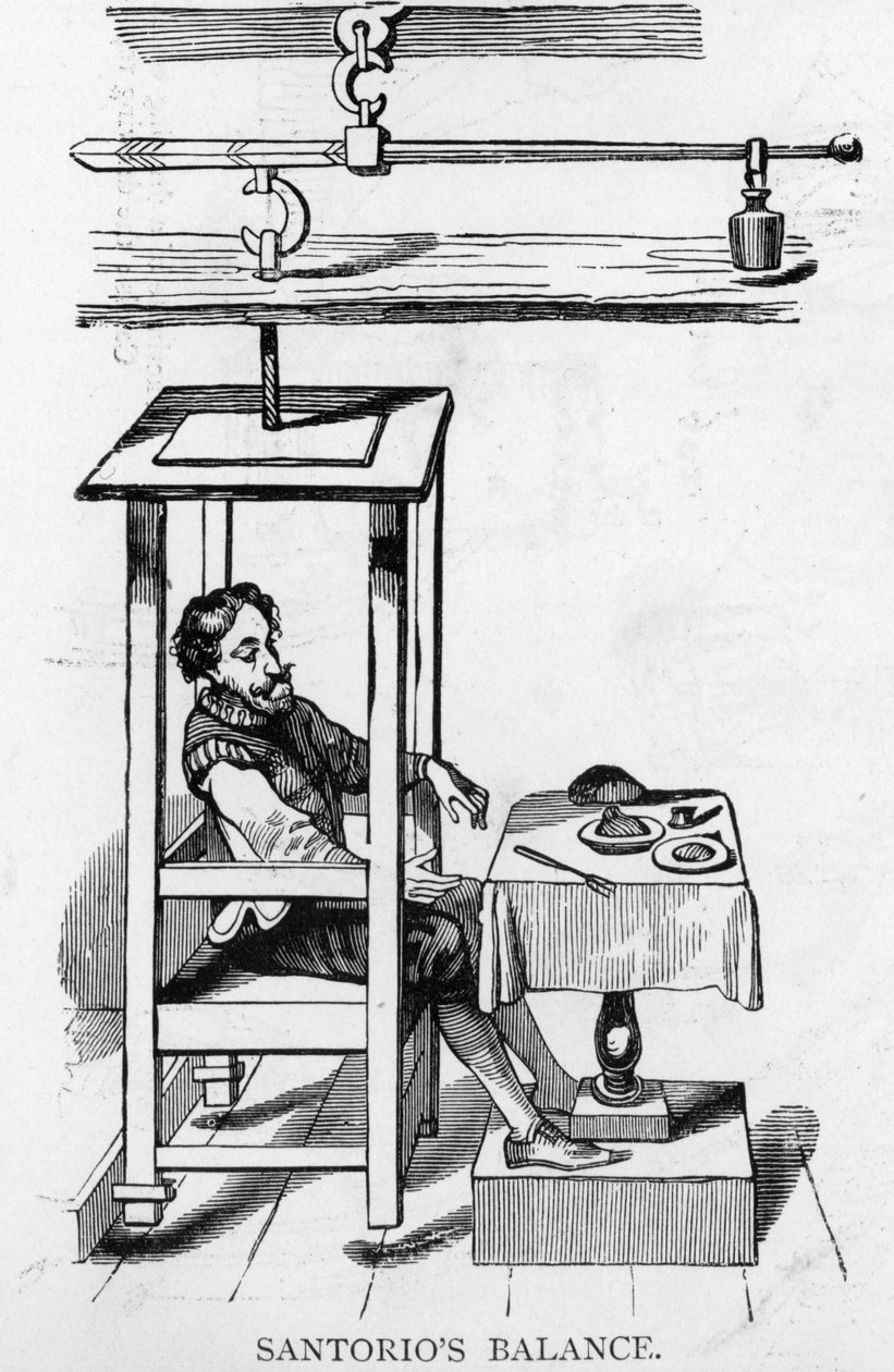 Santorio Santorio sentado em sua máquina de equilíbrio de Italian School