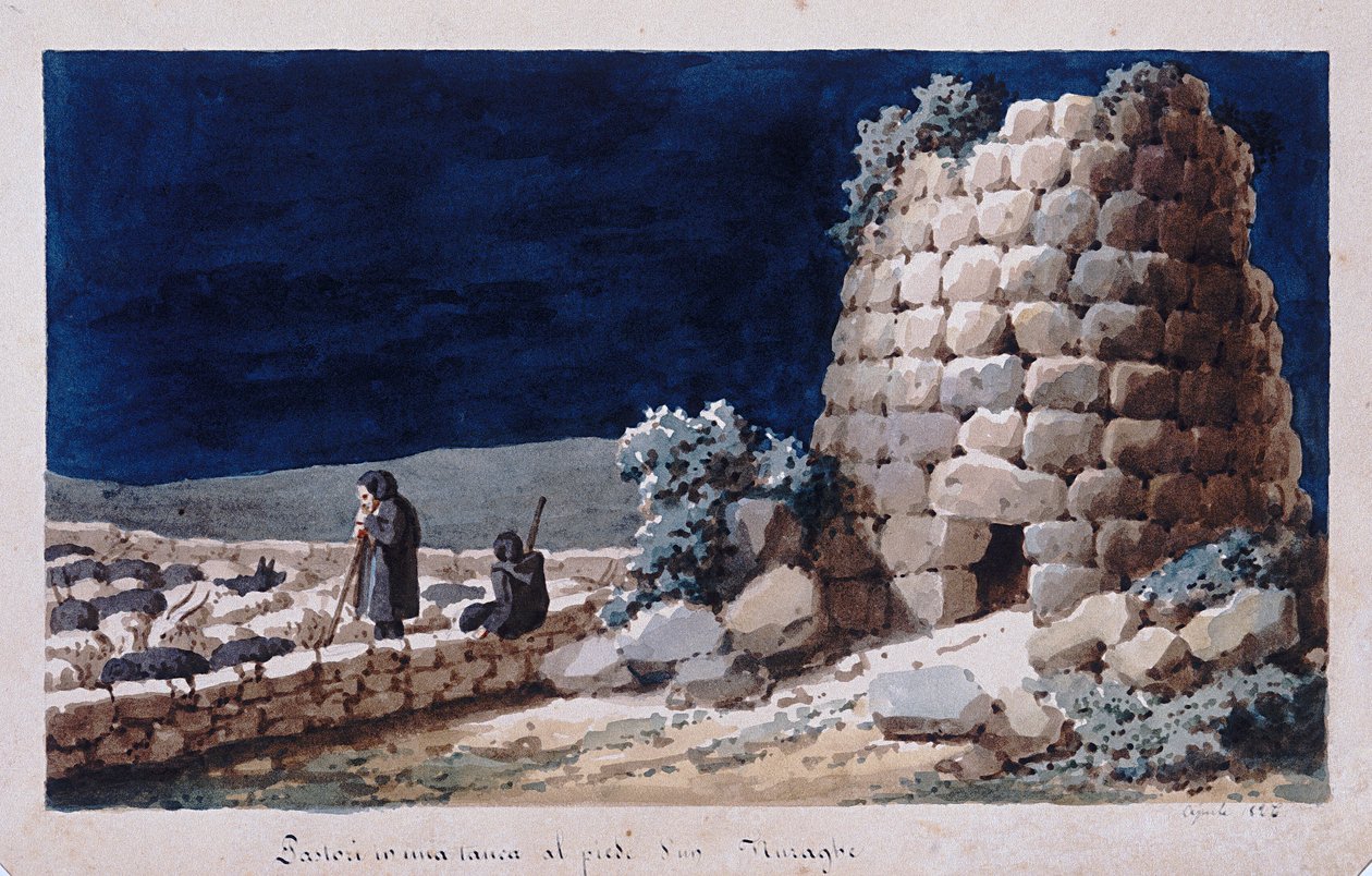 Pastores sardos perto de um nuraghe, impressão ms. 257, Coleção Cominotti, c.1825 de Italian School