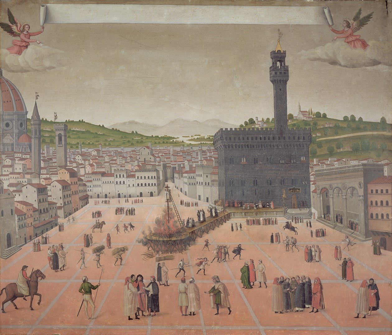 Savonarola Being Burnt at the Stake, Piazza della Signoria, Florença (óleo sobre painel) de Italian School