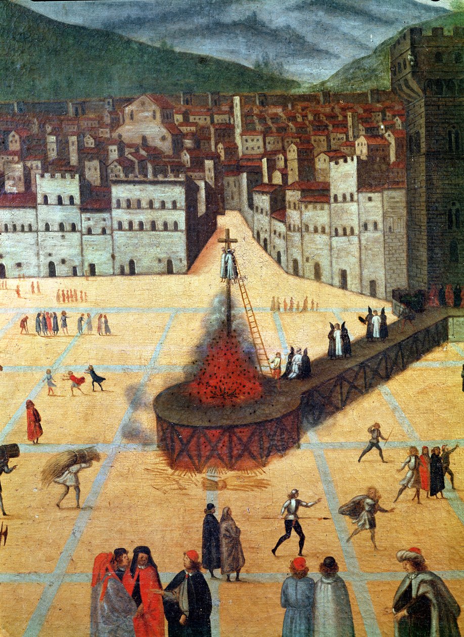 Savonarola sendo queimada na estaca, Piazza della Signoria, Florença, detalhe do incêndio (óleo sobre painel) de Italian School