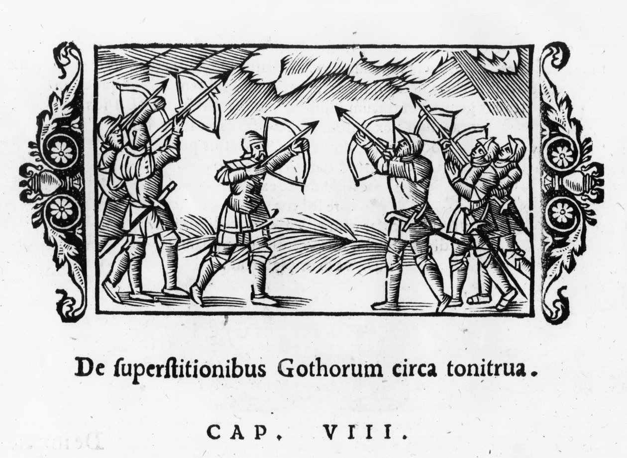 Escandinavos usando suas flechas para afastar o trovão, da Historia de Gentibus Septentrionalibus de Olaus Magnus (1490-1557) publicado em Roma, 1555 de Italian School
