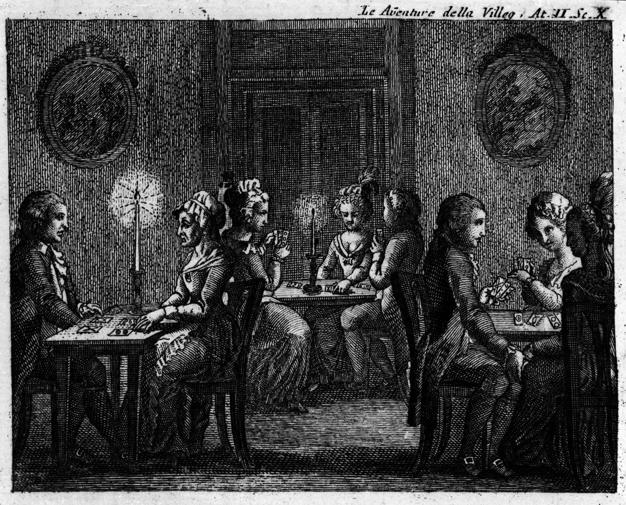 Cena 10 do Acto II da peça cómica "The avventure della villeggiatura" (1756) de Carlo Goldoni (1707-1793): mesas de jogo. Gravura do século XVIII de Italian School
