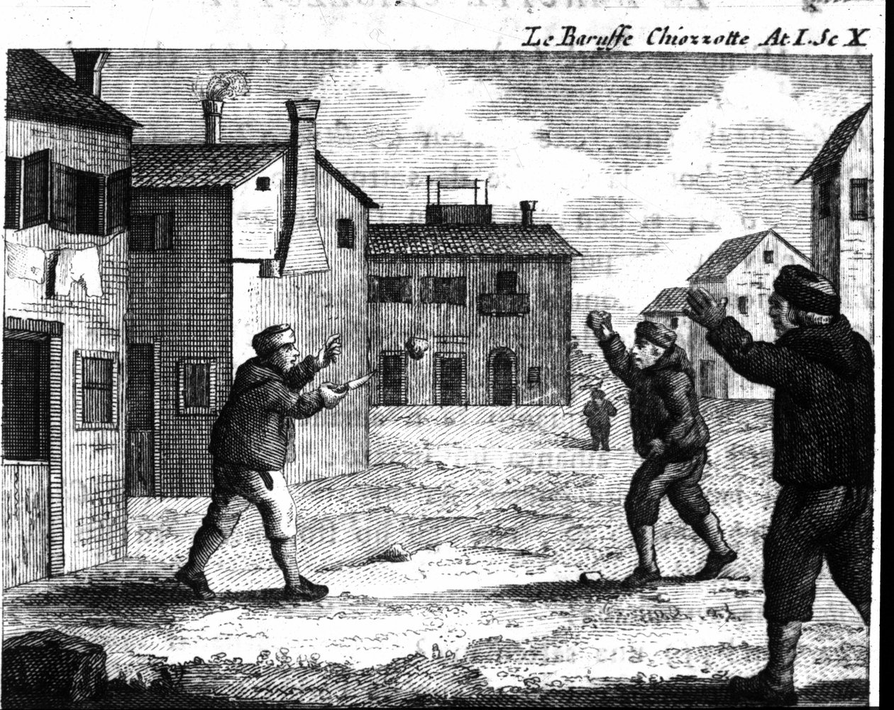 Cena 10 do Acto I da peça cómica "Le baruffe chiozzotte" (Baroufe a Chioggia) (1762) de Carlo Goldoni (1707-1793). Gravura do século XVIII de Italian School