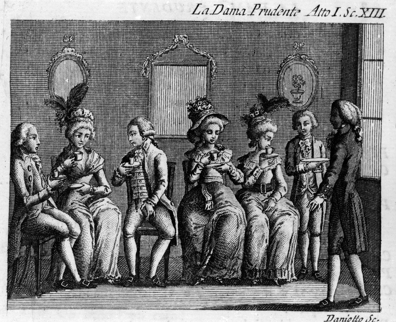 Cena 13 do Acto I da peça cómica "La dama prudente" (1751) de Carlo Goldoni (1707-1793). Gravura do século XVIII de Italian School
