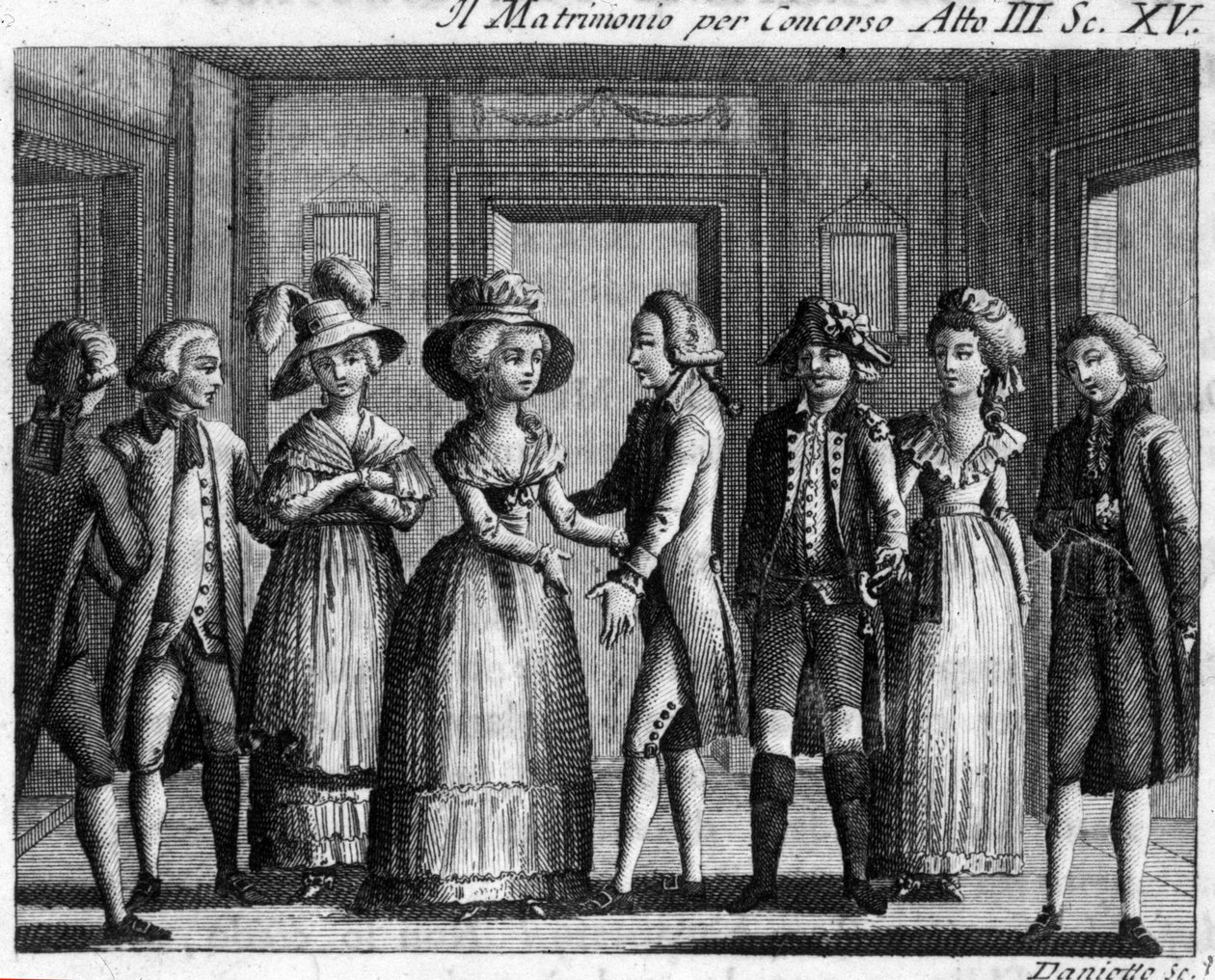 Cena 15 do Acto III da peça cómica "Il matrimonio per concorso" de Carlo Goldoni (1707-1793). Gravura do século XVIII. de Italian School