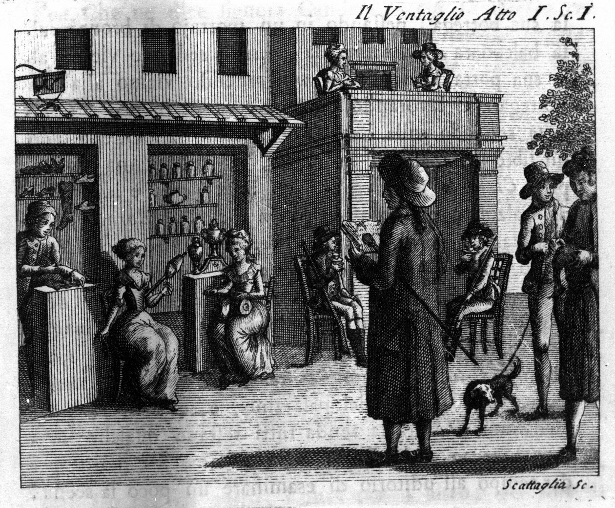 Cena 1 do Acto I da peça cómica "Il ventaglio" (The eventel) (1764) de Carlo Goldoni (1707-1793). Gravura do século XVIII de Italian School