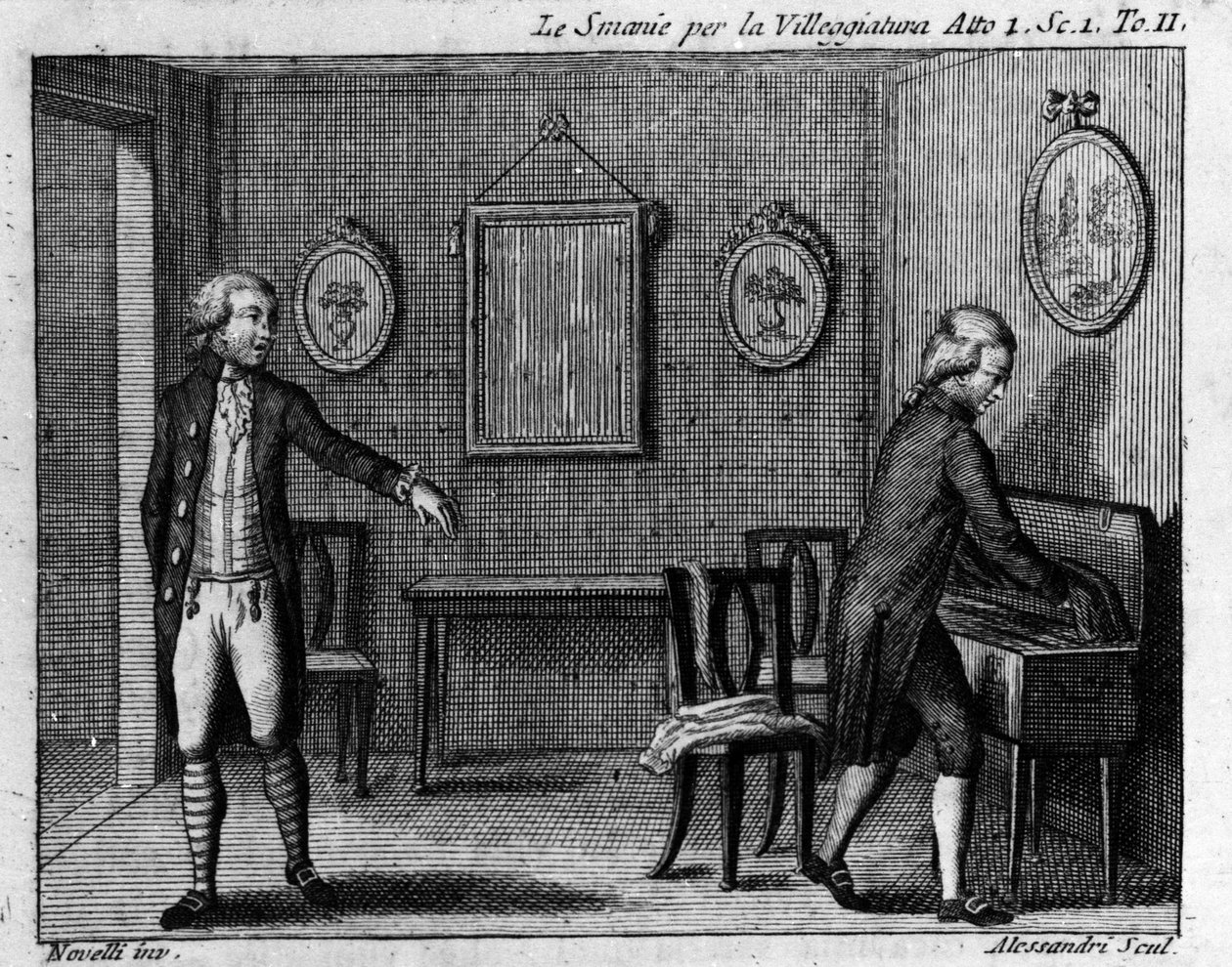 Cena 1 do Acto I da peça cómica "Le smania per la villeggiatura" (La ville) (1761) de Carlo Goldoni (1707-1793). Gravura do século XVIII. de Italian School