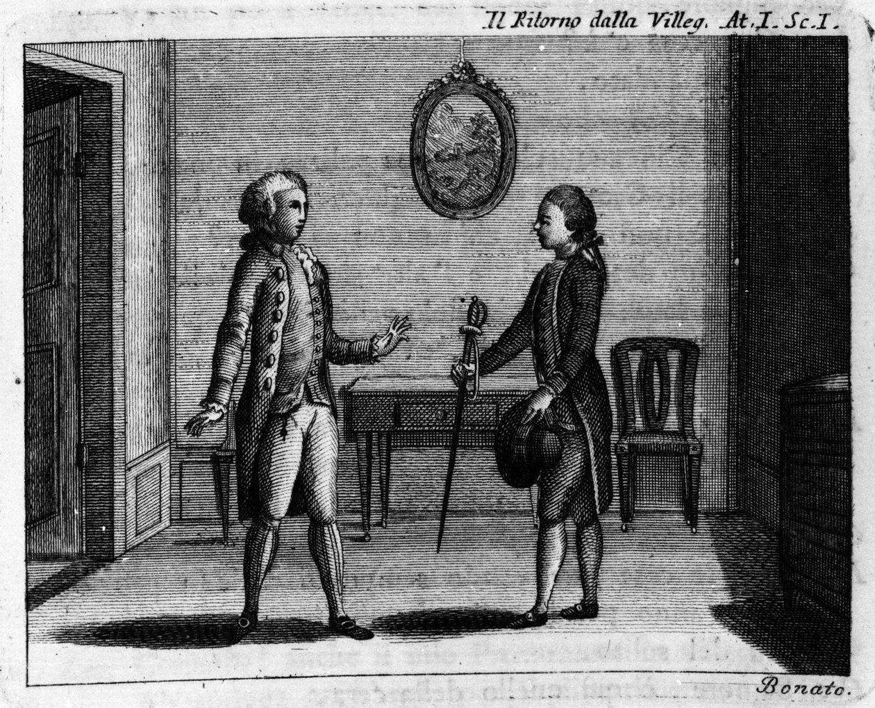 Cena 1 do Acto I da peça cómica "Ritorno della villeggiatura" (Regresso da Cidade) (1761) de Carlo Goldoni (1707-1793). Gravura do século XVIII de Italian School