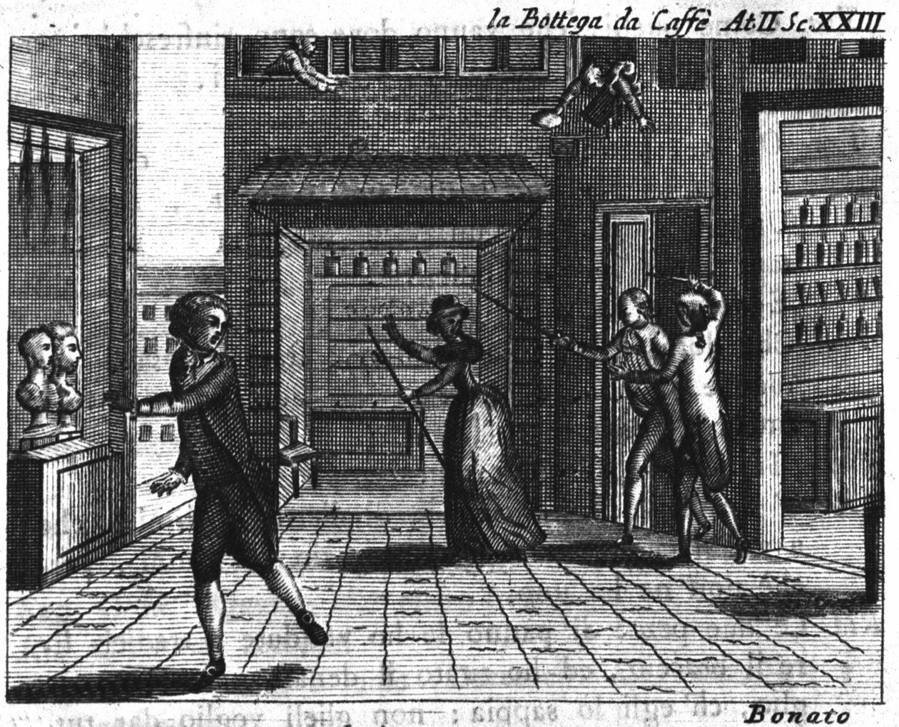 Cena 23 do Acto II da peça cómica "La bottega del caffe" (O café) (1750) de Carlo Goldoni (1707-1793): mesas de jogos. Gravura do século XVIII de Italian School