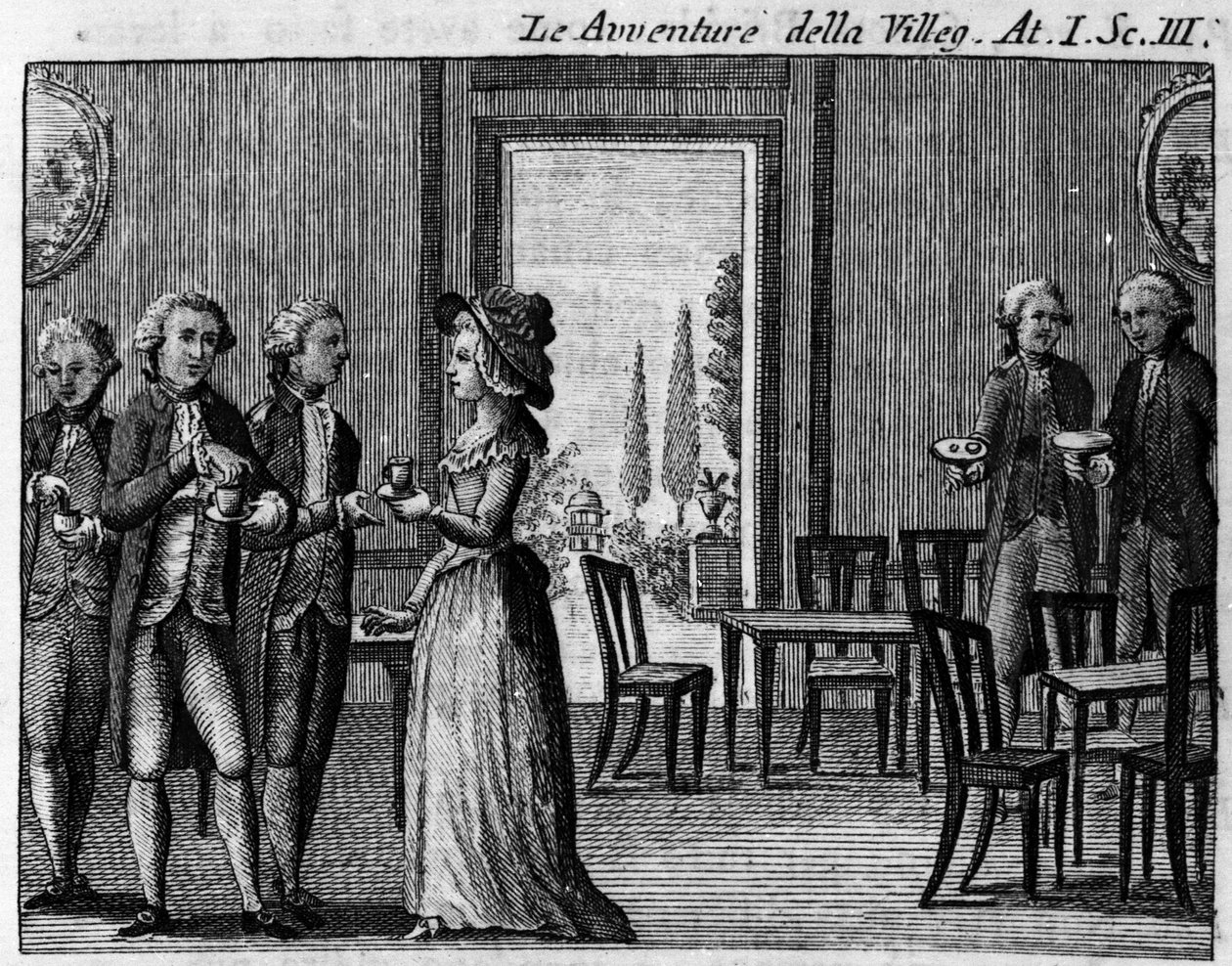 Cena 3 do Acto I da peça cómica "A aventurança da villeggiatura" (1756) de Carlo Goldoni (1707-1793). Gravura do século XVIII de Italian School