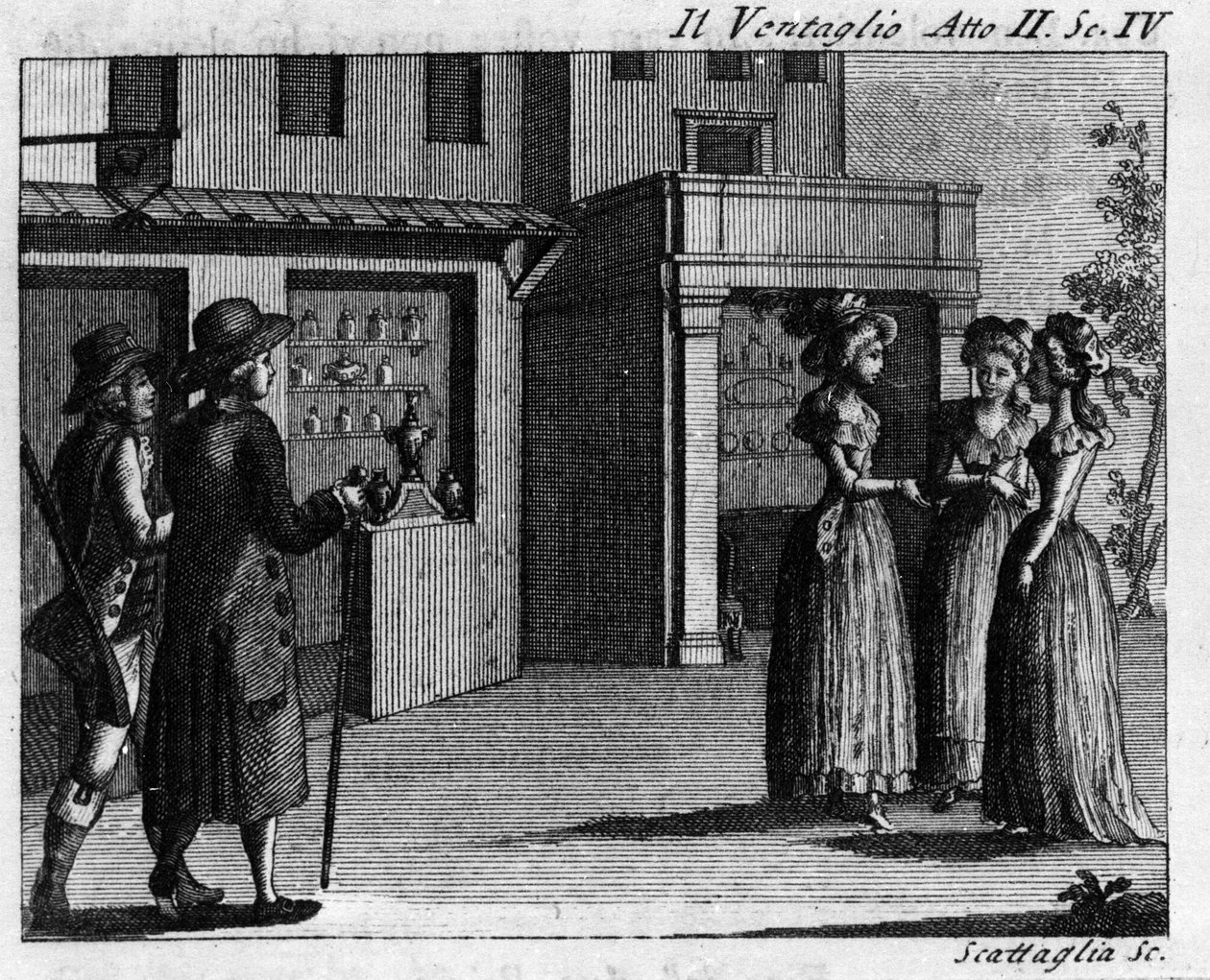 Cena 4 do Acto II da peça cómica "Il ventaglio" (The eventel) (1764) de Carlo Goldoni (1707-1793). Gravura do século XVIII de Italian School