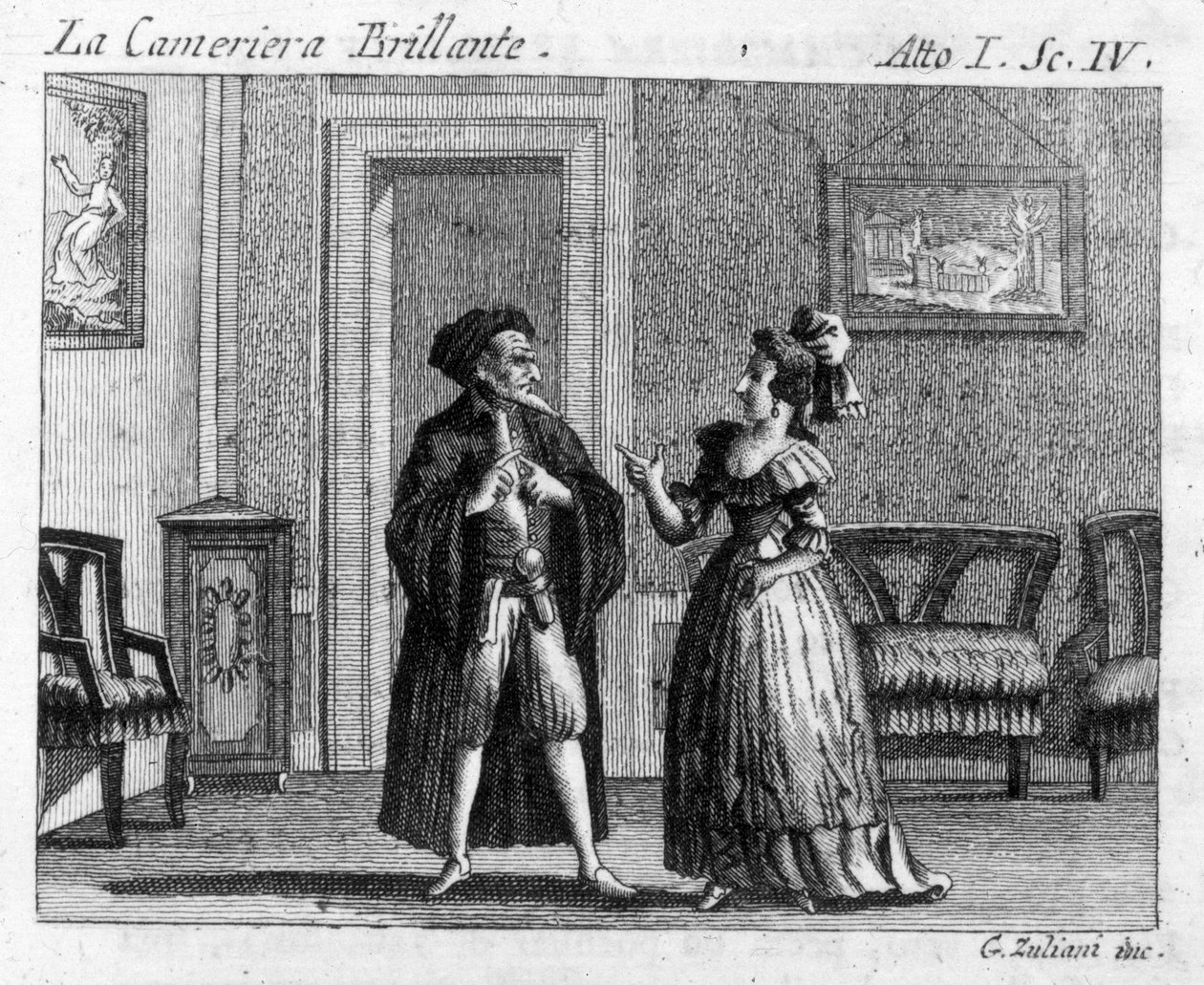 Cena 4 do Acto I da peça cómica "La cameriera brillante" (1754) de Carlo Goldoni (1707-1793): mesas de jogos. Gravura do século XVIII de Italian School