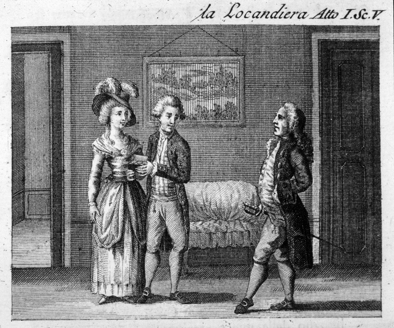 Cena 5 do Acto I da peça "La locandiera" (1753) de Carlo Goldoni (1707-1793). Gravura do século XVIII de Italian School