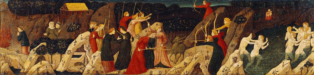 Cena de uma batalha com arcos e flechas e a perseguição (óleo no painel) de Italian School