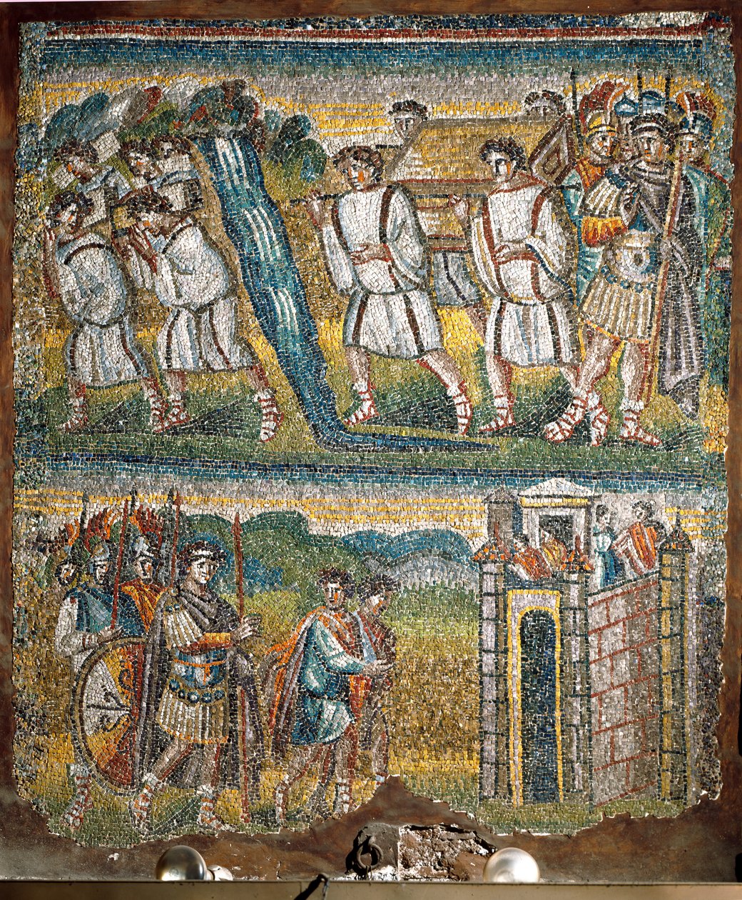 Cenas do Livro de Josué: A Arca da Aliança realizada por sete sacerdotes do outro lado do Jordão, Josué envia dois espiões para Jericó de Italian School