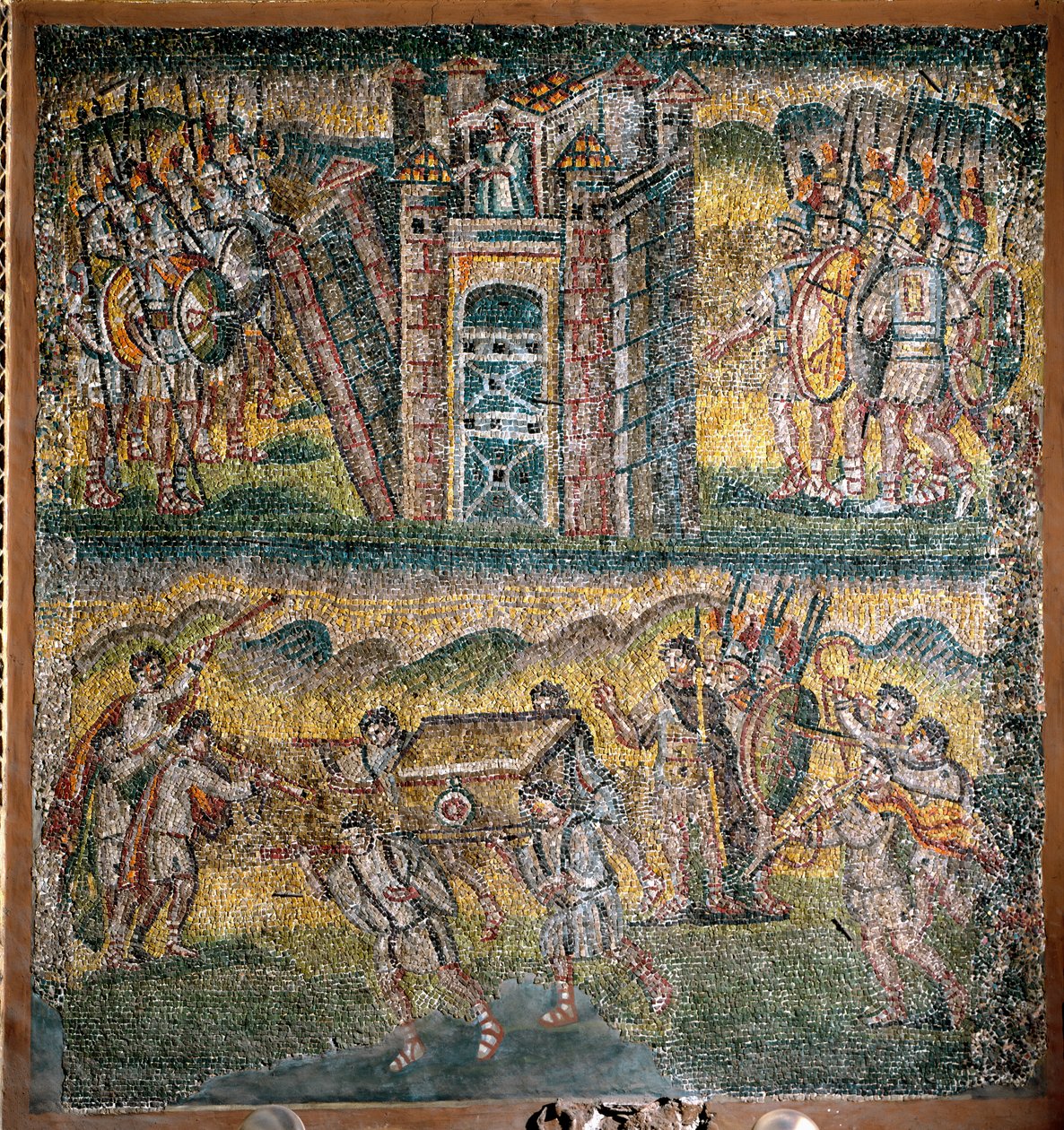 Cenas do Livro de Josué: A tomada de Jericó, Os sete sacerdotes que levam a Arca da Aliança (mosaico) de Italian School