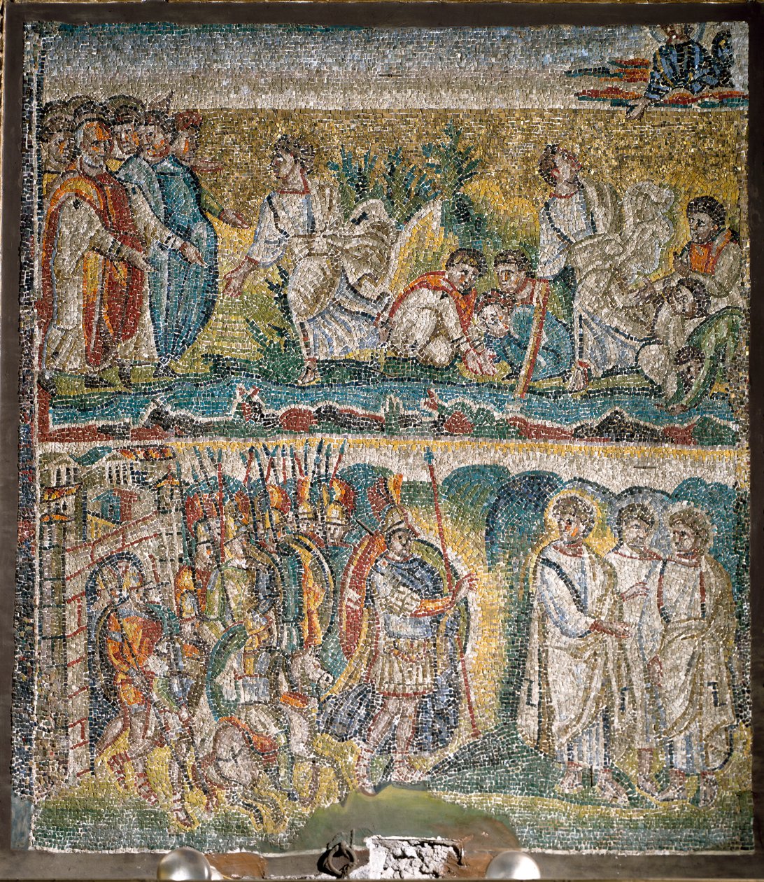 Cenas do Livro de Josué: A tomada de Jericó, Os sete sacerdotes que levam a Arca da Aliança (mosaico) de Italian School