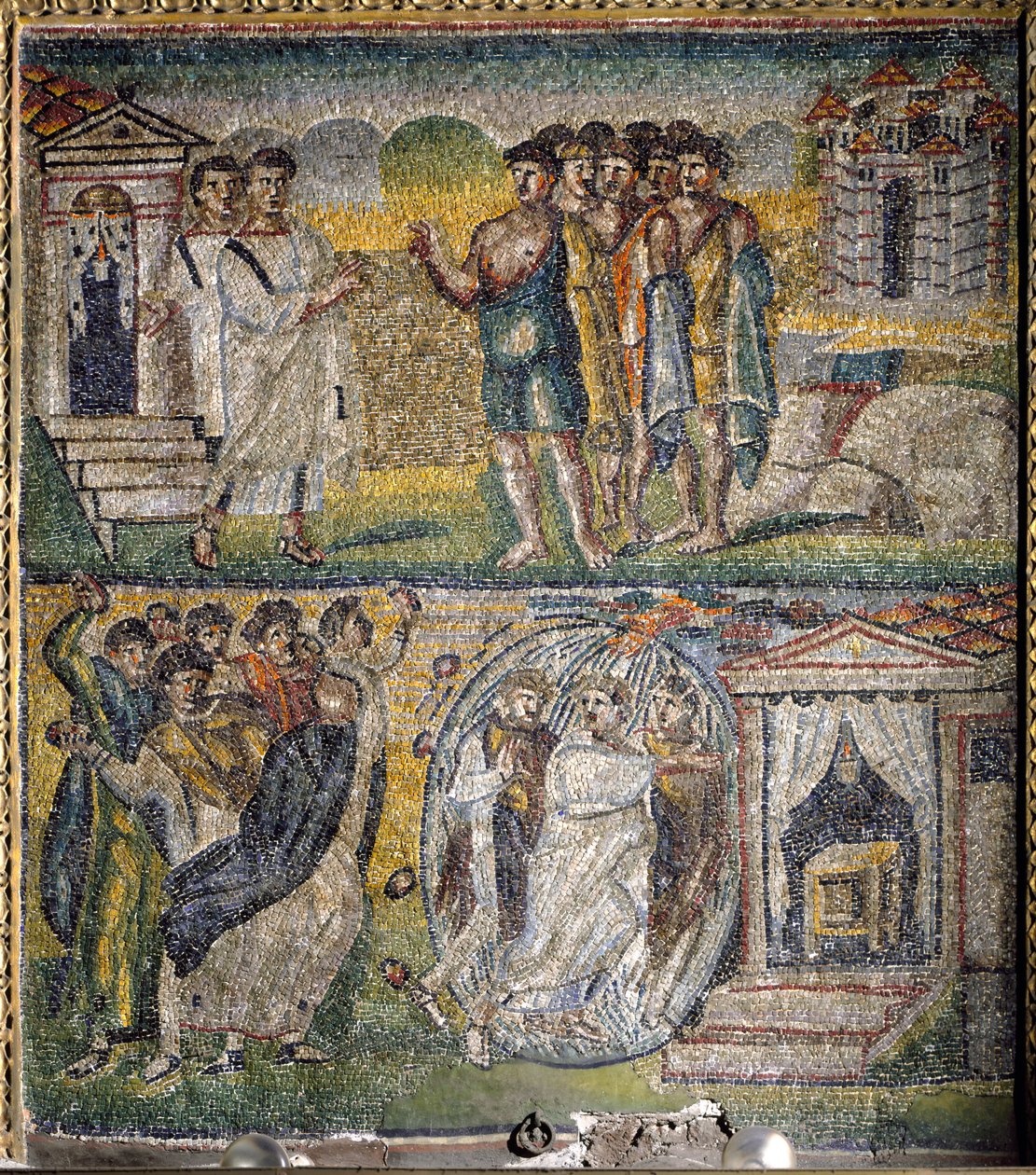 Cenas de A Vida de Moisés: o regresso dos doze espias enviados por Moisés à terra prometida, Tentativa de apedrejamento de Moisés (mosaico) de Italian School