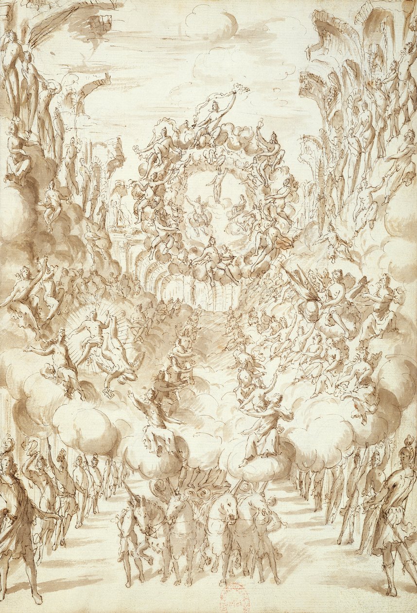 Cenografia para óperas no teatro San Salvatore em Veneza, 1675 (caneta e tinta no papel) de Italian School