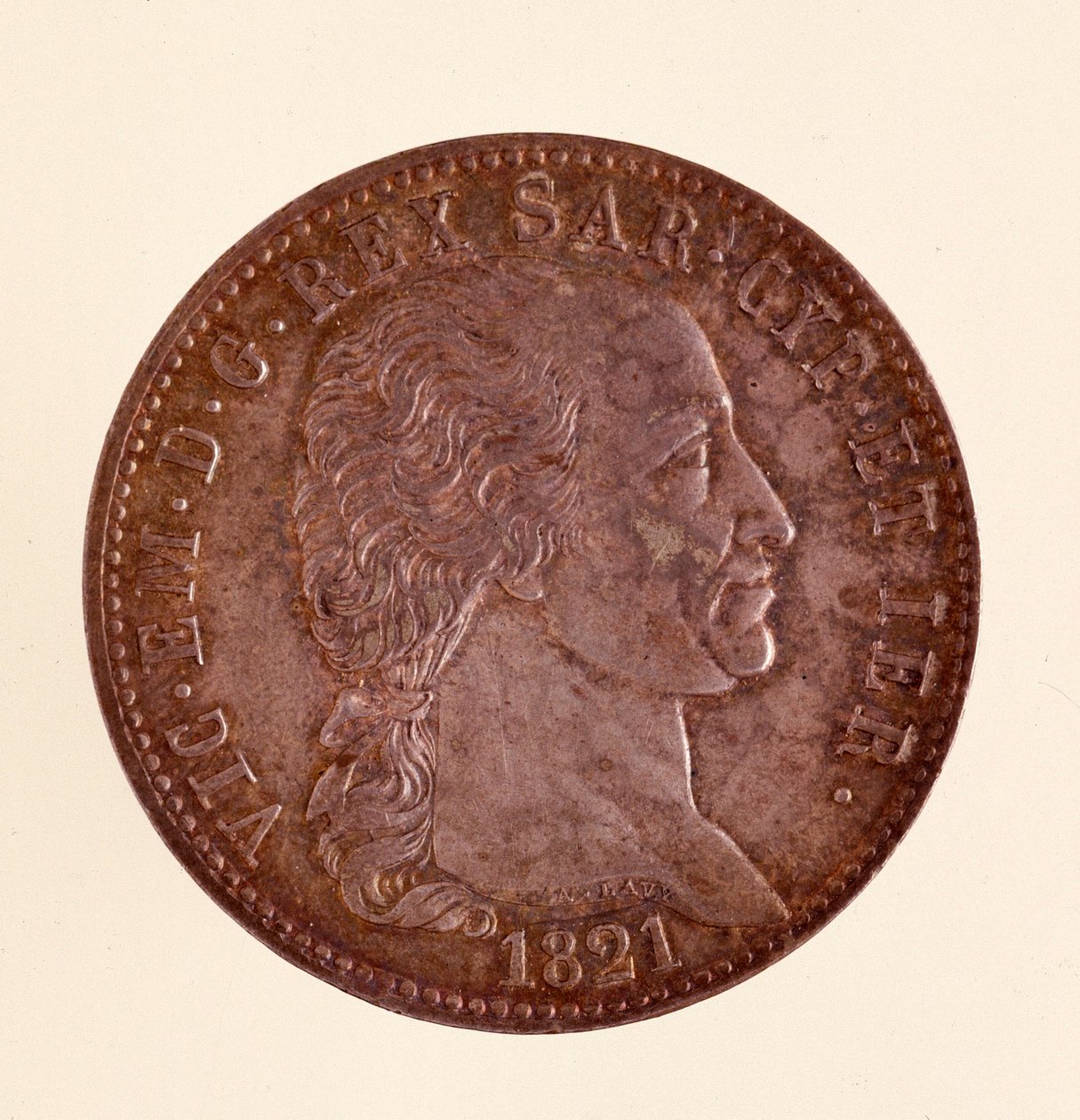 Moeda de prata italiana (ecu) do reino da Sardenha: reinado de Vittorio Emanuele I (Victor Emmanuel I) (1759-1824). 1821. Diam. 3,8 cm Nápoles, museo archeologico de Italian School