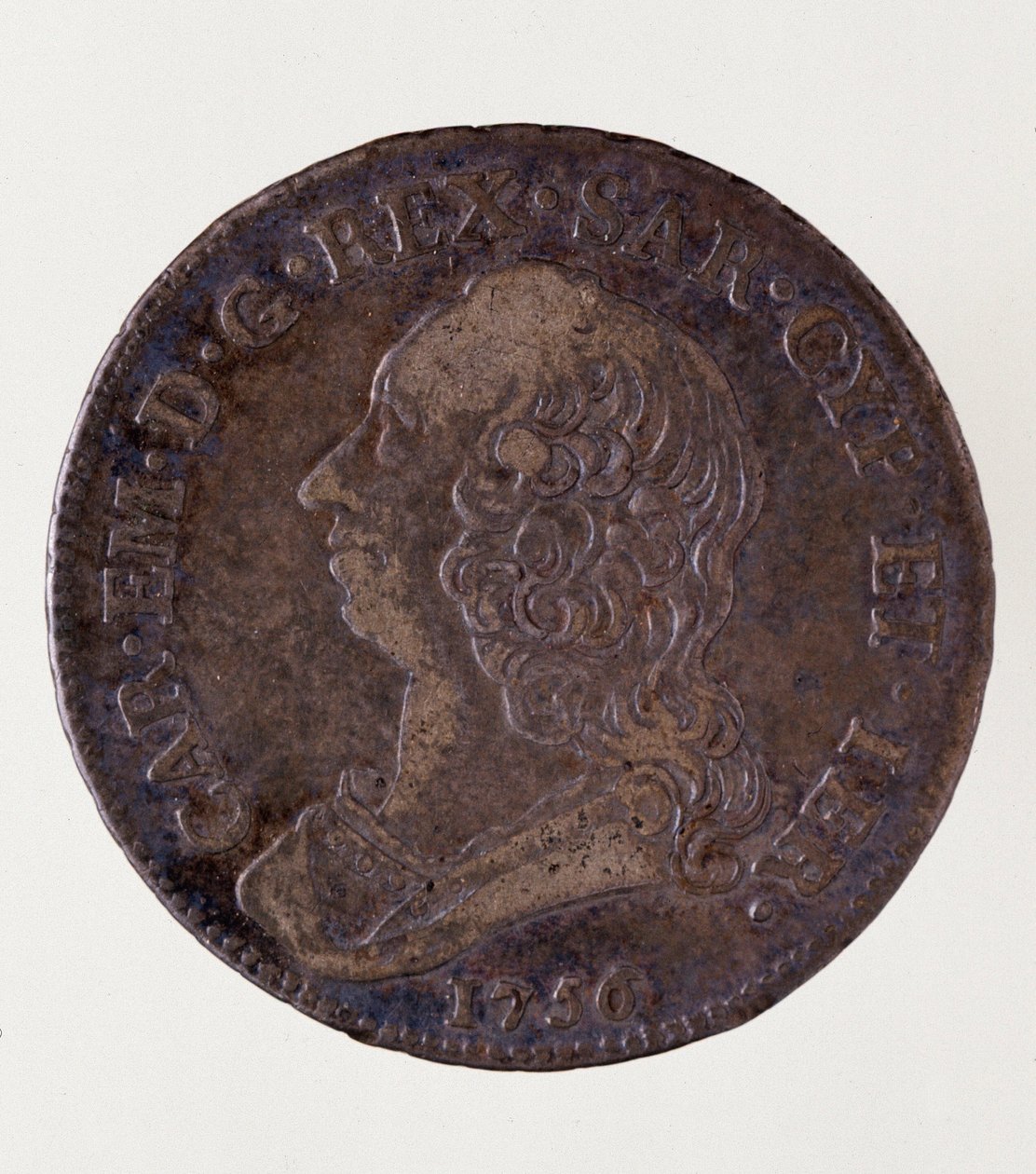 Moeda italiana de prata (meio ecu) do reino da Sardenha: reinado de Carlo Emanuele III di Savoia (1701-1773) (Charles Emmanuel III da Sardenha). 1756. Diam. 3,7 cm Nápoles, museo archeologico de Italian School