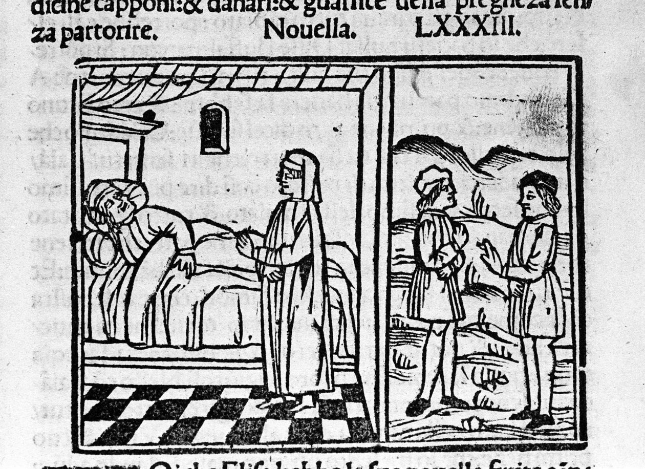 A Simone faz o Calandrino pensar que ele tem uma criança na barriga. Ilustração para a notícia 83 (Nova 3 do nono dia) do "Decameron" de Giovanni Boccaccio dit Jean Boccaccio (1313-1375), escritor italiano. Gravura em "Decamerone ouer Cento nouell de Italian School