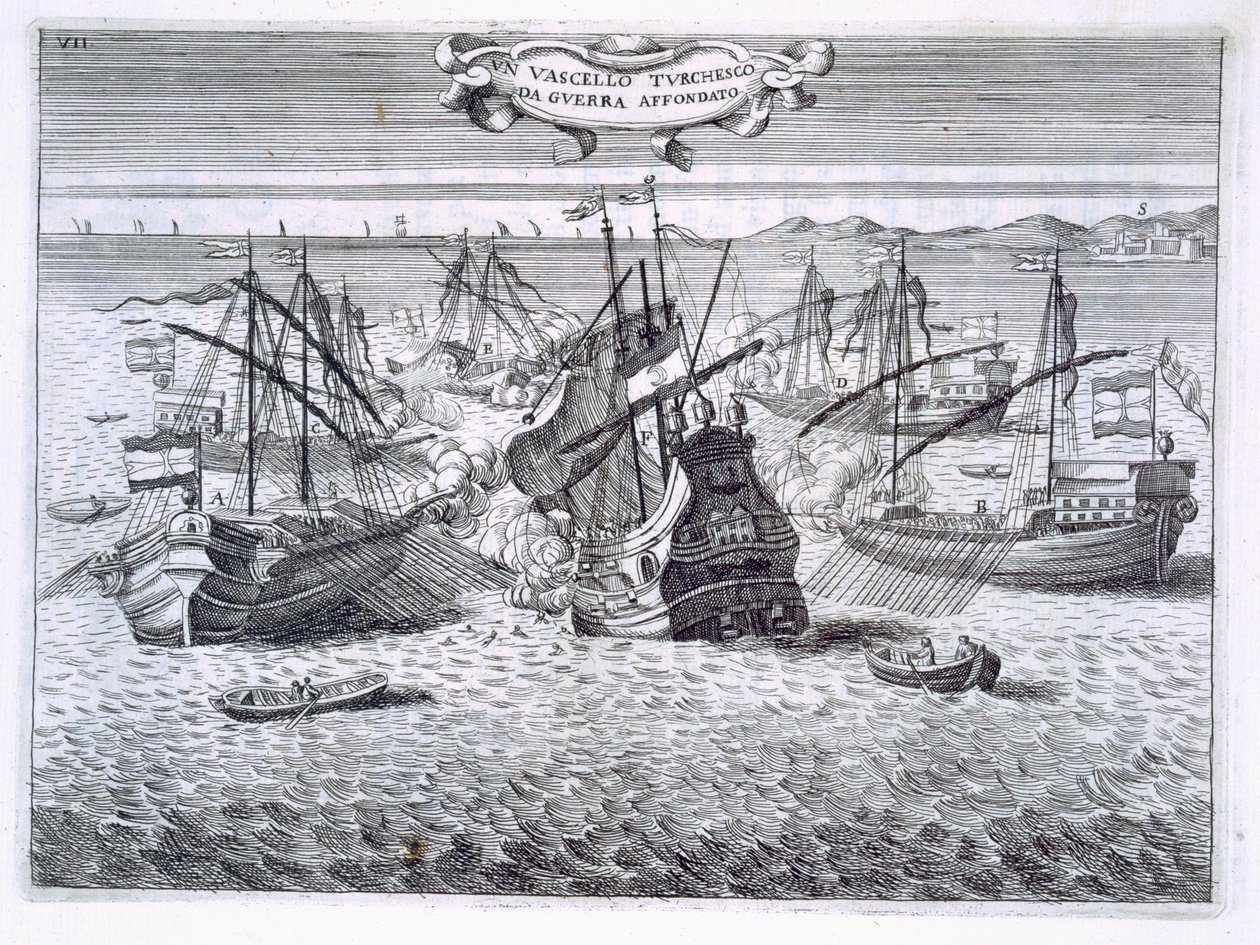 Naufrágio de um navio de guerra turco, ilustração de "príncipes de Toscana nas entradas mais notáveis por Cavalieri di Santo Stefano" por Fulvio Fontana, gravada por H. Vincent, 1701 de Italian School
