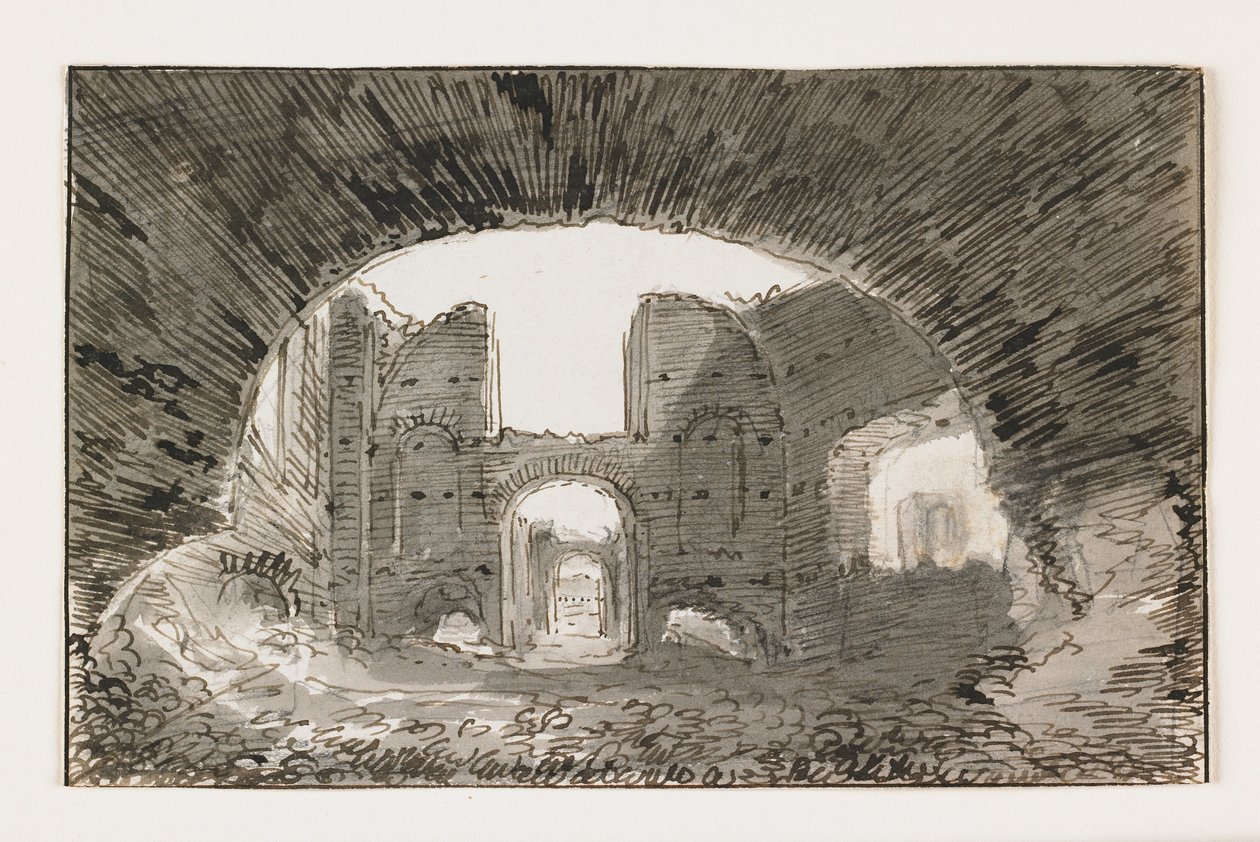 Esboço dos Banhos de Caracalla, no início do século 19 (caneta e tinta marrom com lavagem cinza sobre giz preto) de Italian School